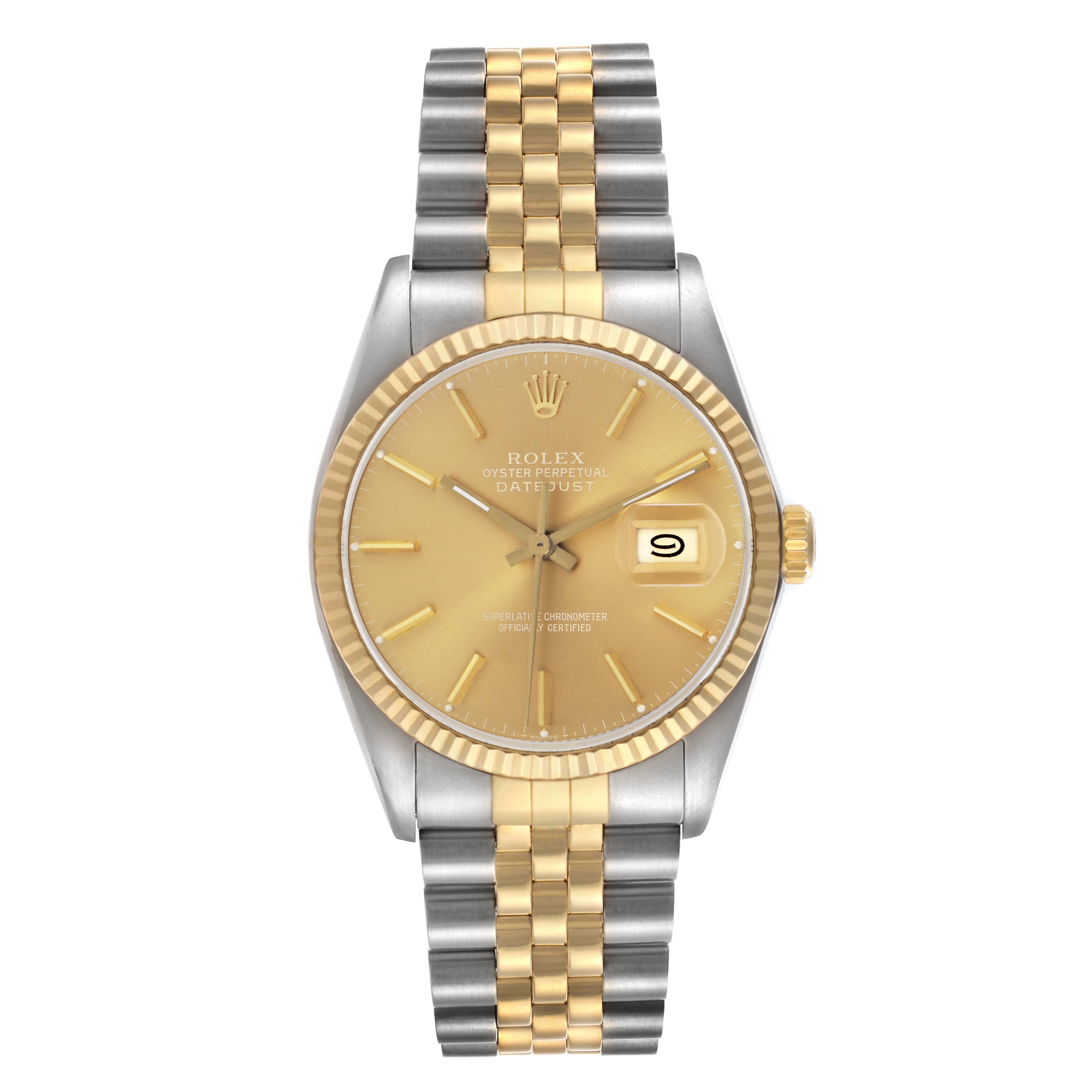 The Rolex Vintage Collection 16013 Men
s Steel and Gold (two tone) Champagne Dial 16013 Men
s Steel and Gold (two tone) Champagne Dial watch is shown from a front angle, displaying the dial, bezel, and two-tone bracelet.