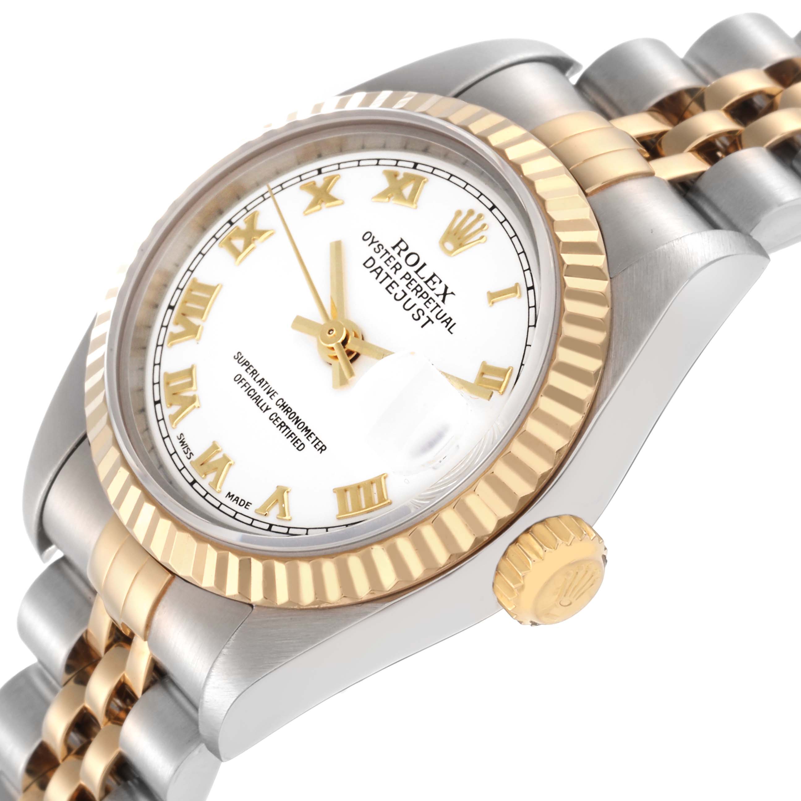 The Rolex Datejust 79173 Women
s Steel and Gold (two tone) White Dial 79173 Women
s Steel and Gold (two tone) White Dial watch is shown at a slight angle highlighting the dial, fluted bezel, crown, and part of the Jubilee bracelet.