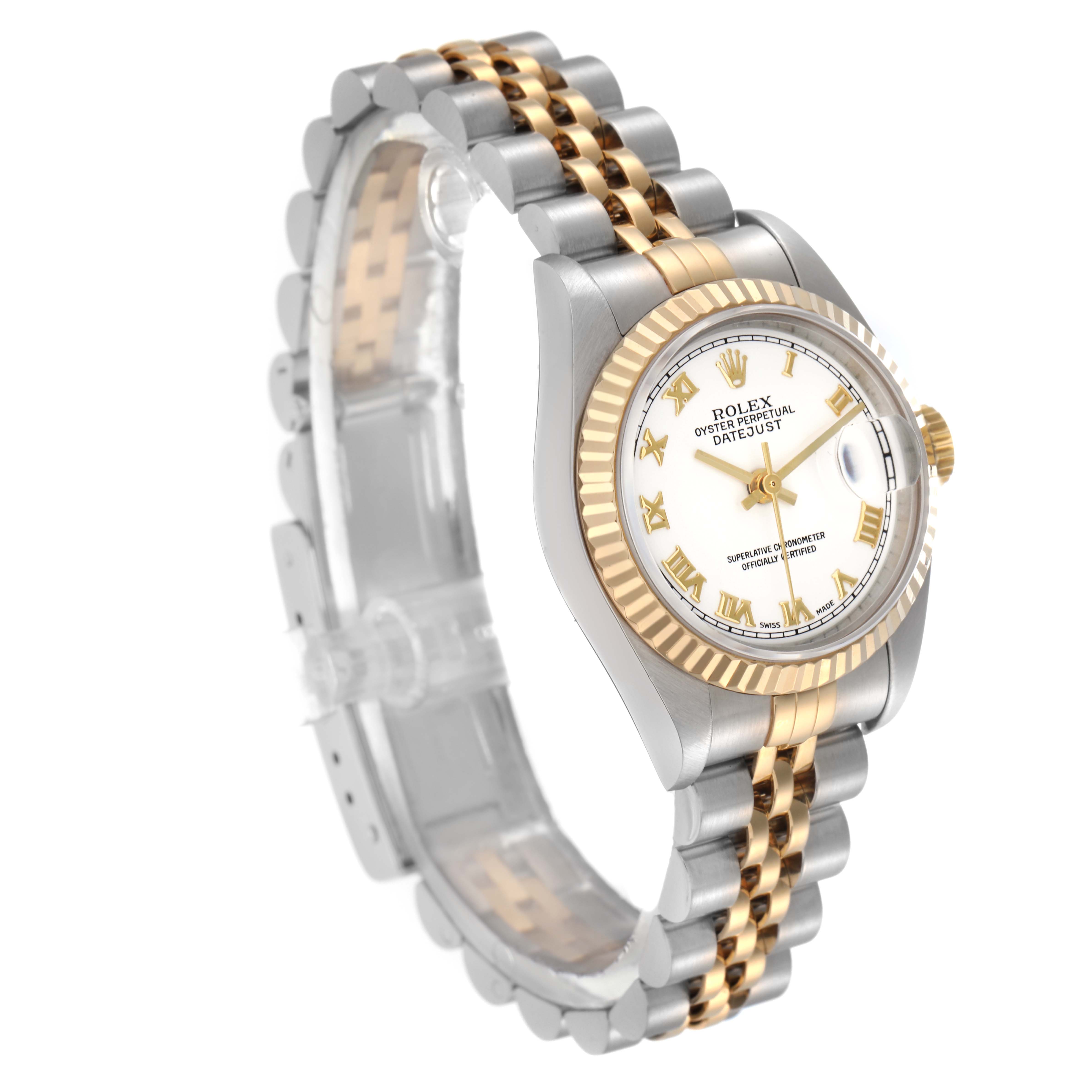 The Rolex Datejust 79173 Women
s Steel and Gold (two tone) White Dial 79173 Women
s Steel and Gold (two tone) White Dial watch is shown at a three-quarter angle, displaying the bezel, dial, and jubilee bracelet.