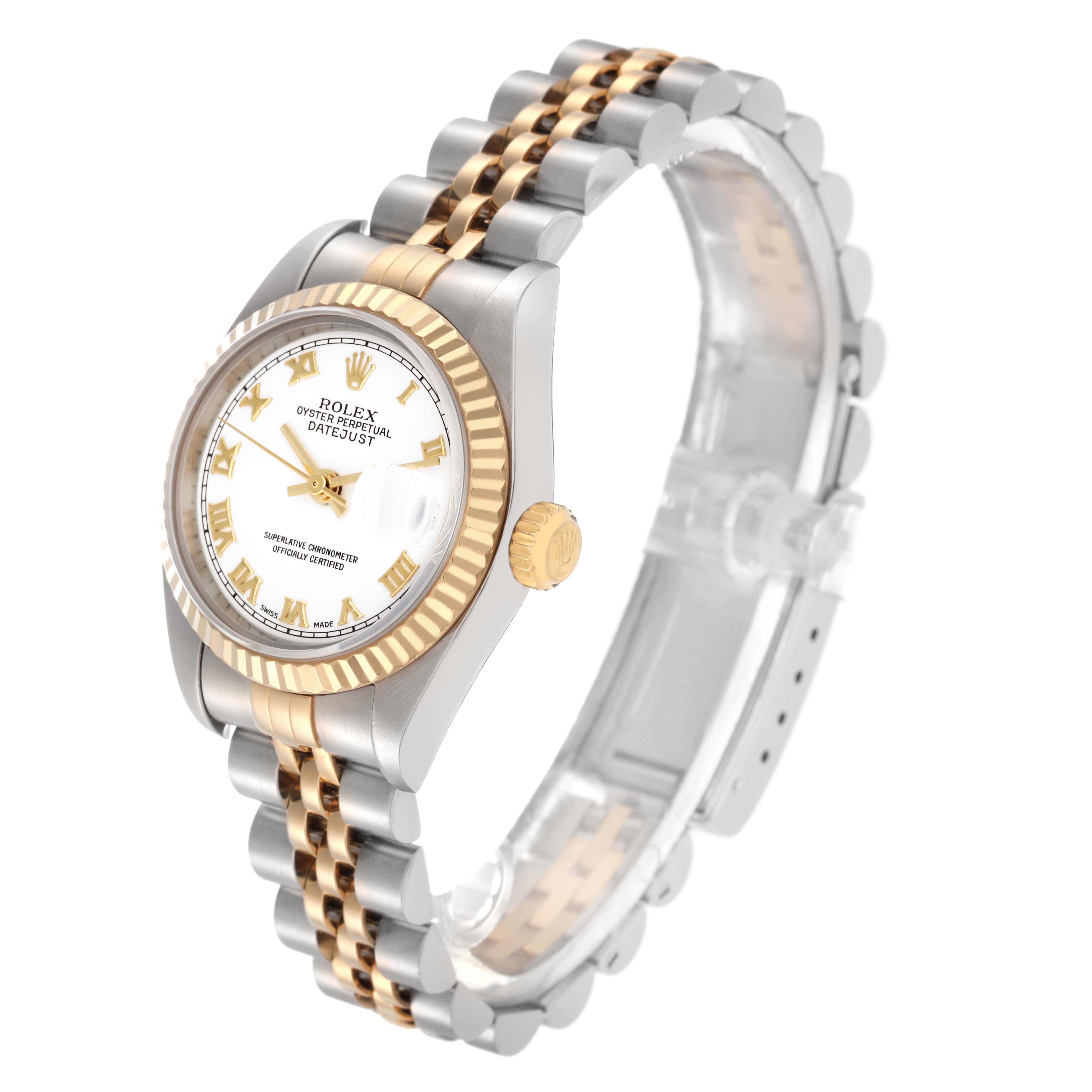 The Rolex Datejust 79173 Women
s Steel and Gold (two tone) White Dial 79173 Women
s Steel and Gold (two tone) White Dial watch is shown at a three-quarter angle, displaying the dial, fluted bezel, crown, and Jubilee bracelet.