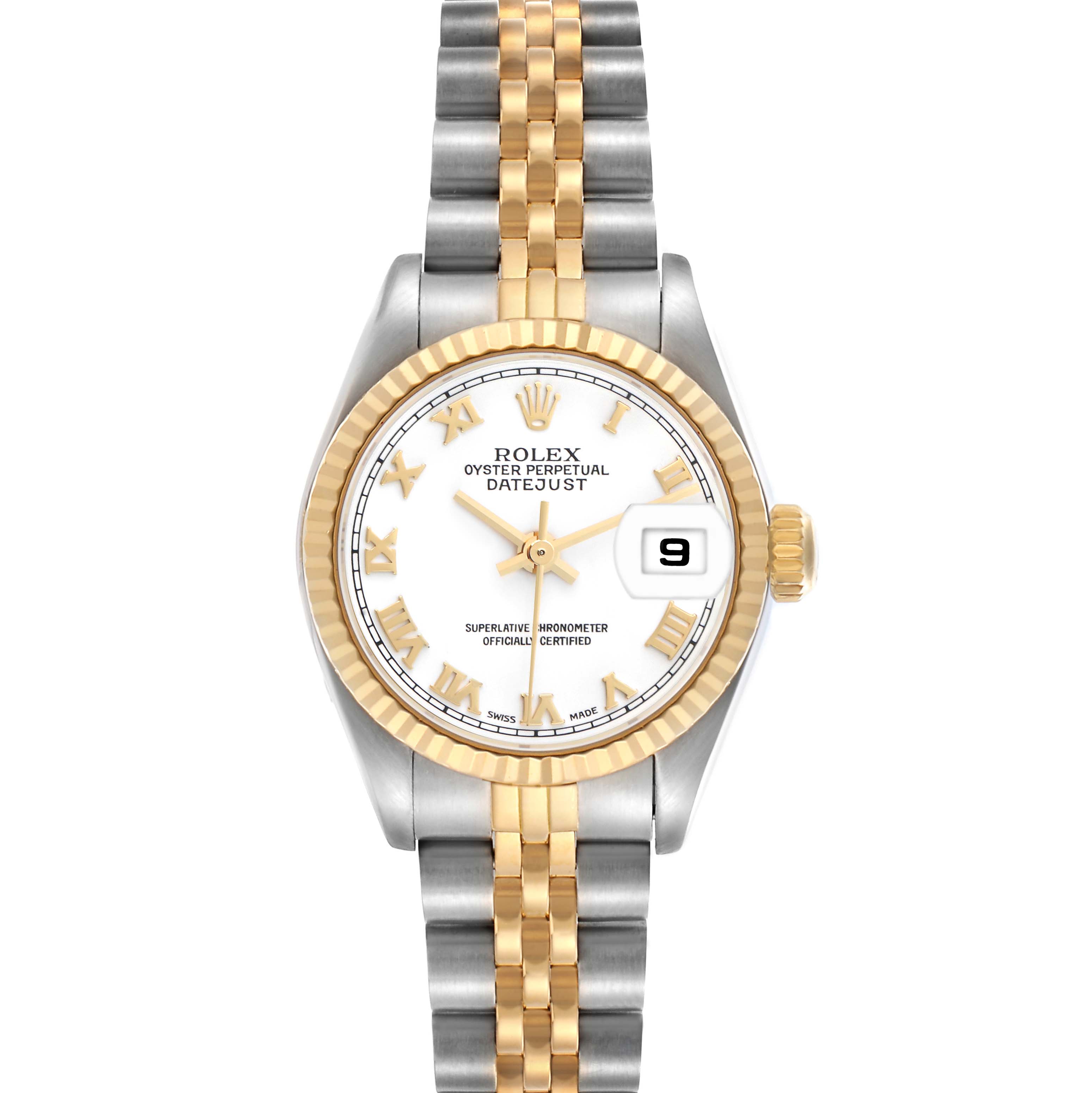 The Rolex Datejust 79173 Women
s Steel and Gold (two tone) White Dial 79173 Women
s Steel and Gold (two tone) White Dial watch is shown from a top-down angle featuring its dial, bezel, and bracelet.