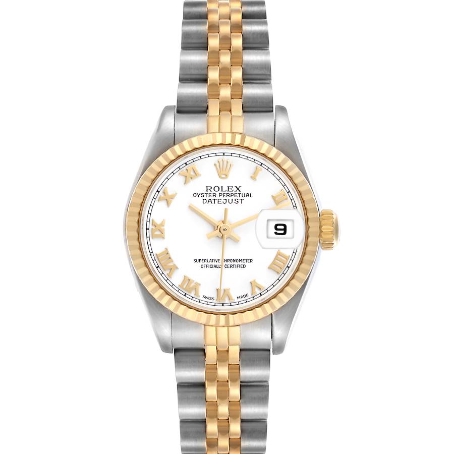 The Rolex Datejust watch is shown from a top-down angle featuring its dial, bezel, and bracelet.