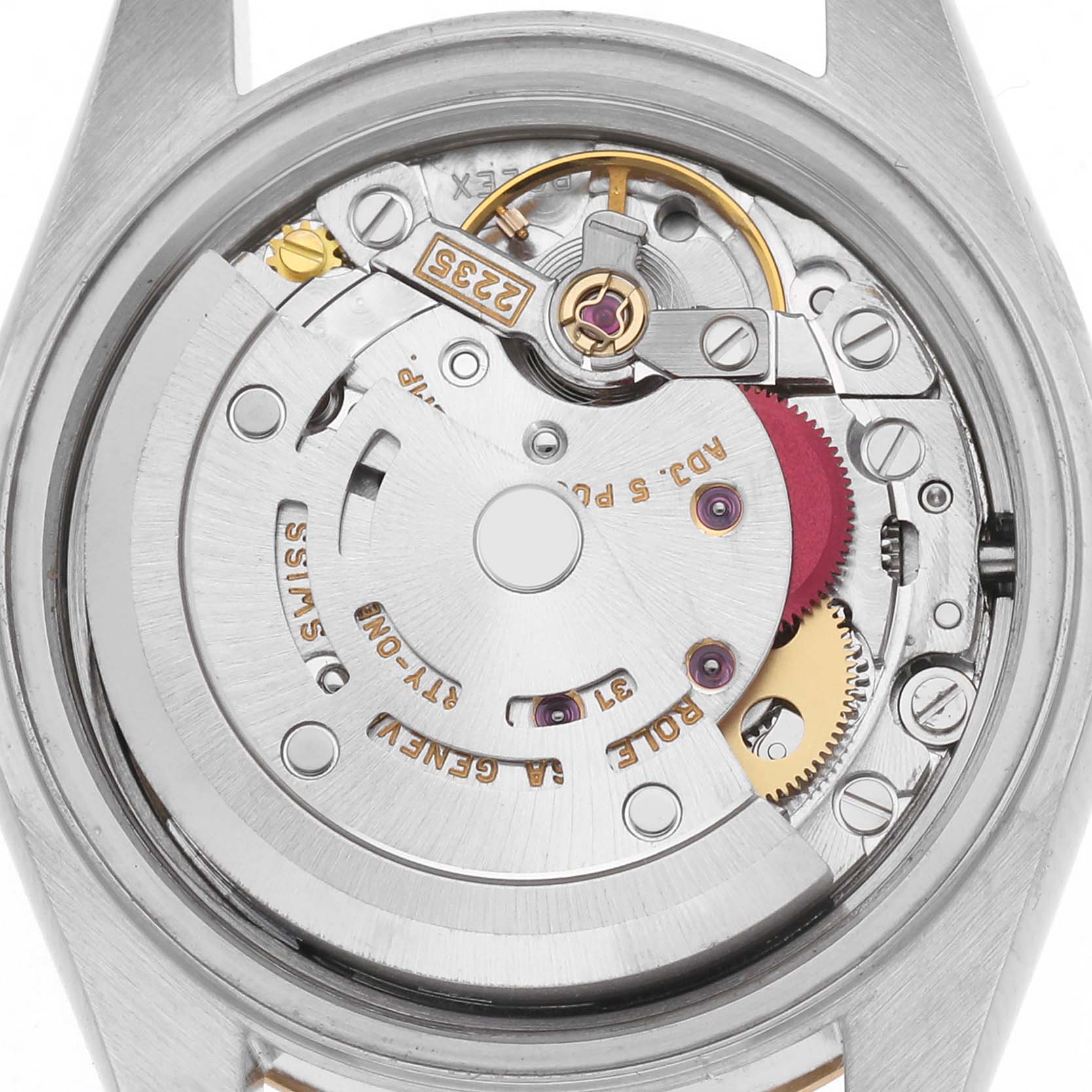The image shows the movement of a Rolex Datejust 79173 Women
s Steel and Gold (two tone) White Dial 79173 Women
s Steel and Gold (two tone) White Dial watch from a rear view, revealing its intricate internal components.