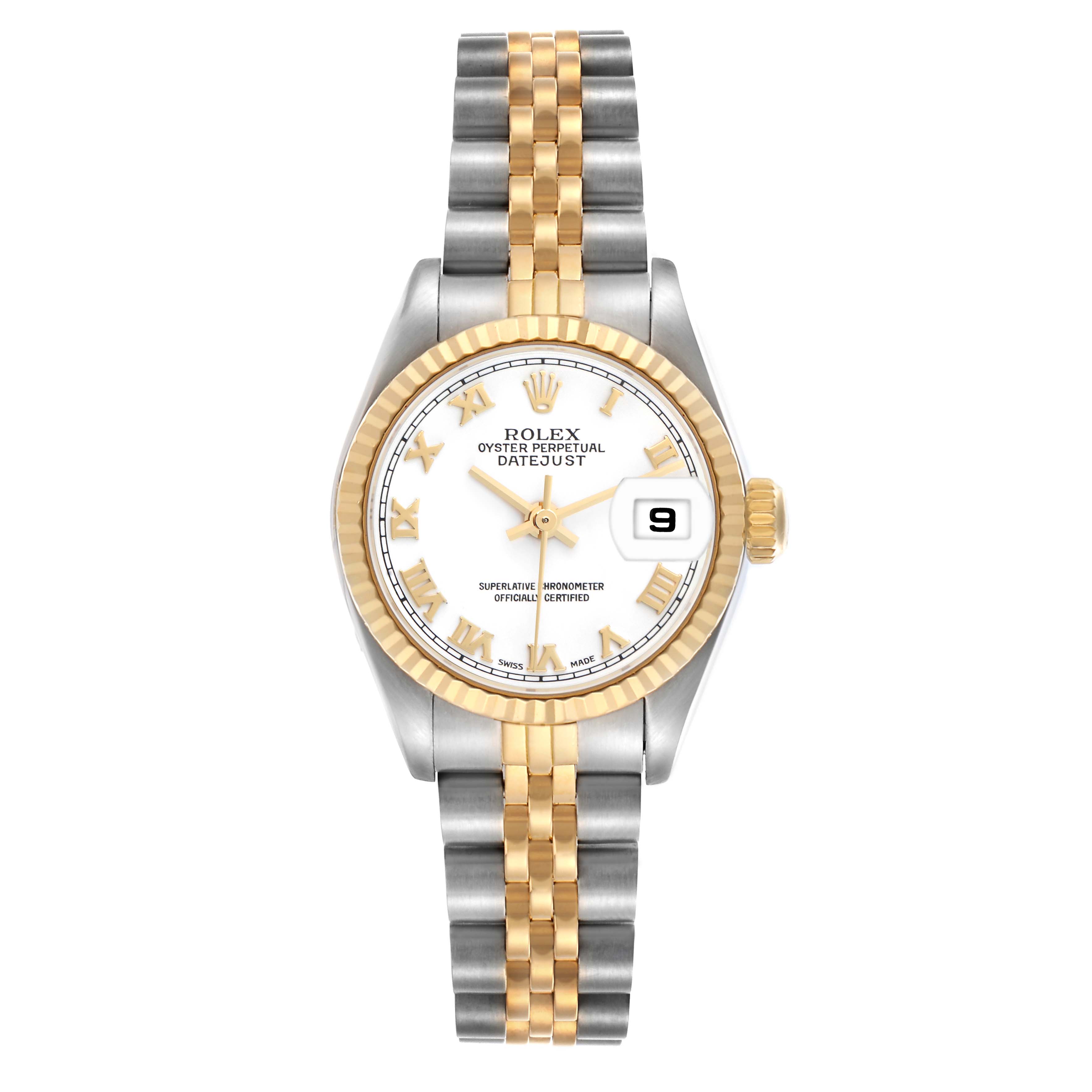 The Rolex Datejust 79173 Women
s Steel and Gold (two tone) White Dial 79173 Women
s Steel and Gold (two tone) White Dial watch is shown from a top-down angle, highlighting the dial, bezel, bracelet, and crown.