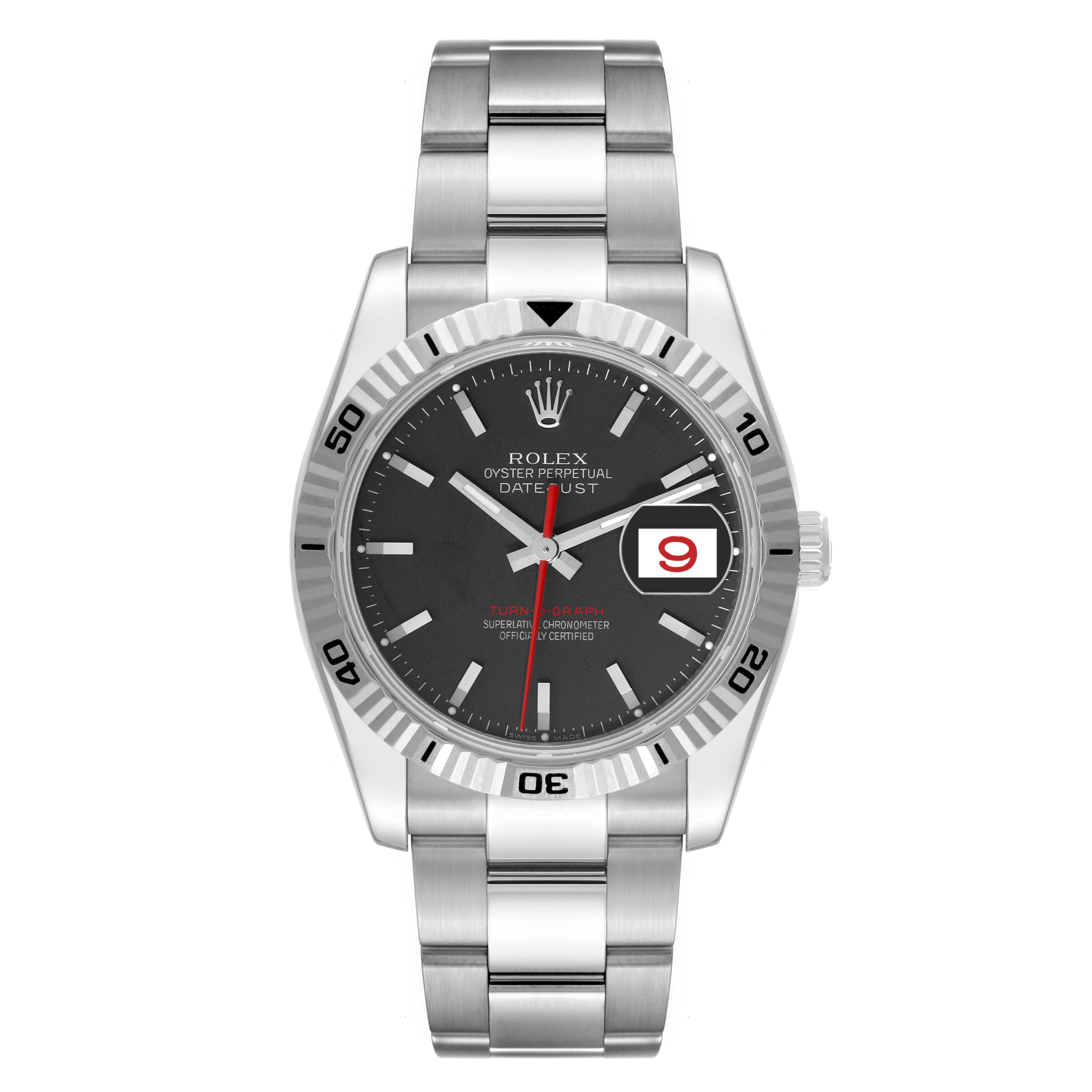 This is a front view of a Rolex Turn-o-Graph 116264 Men's Stainless Steel Black Dial 116264 Men's Stainless Steel Black Dial watch showing its dial, bezel, crown, and bracelet.