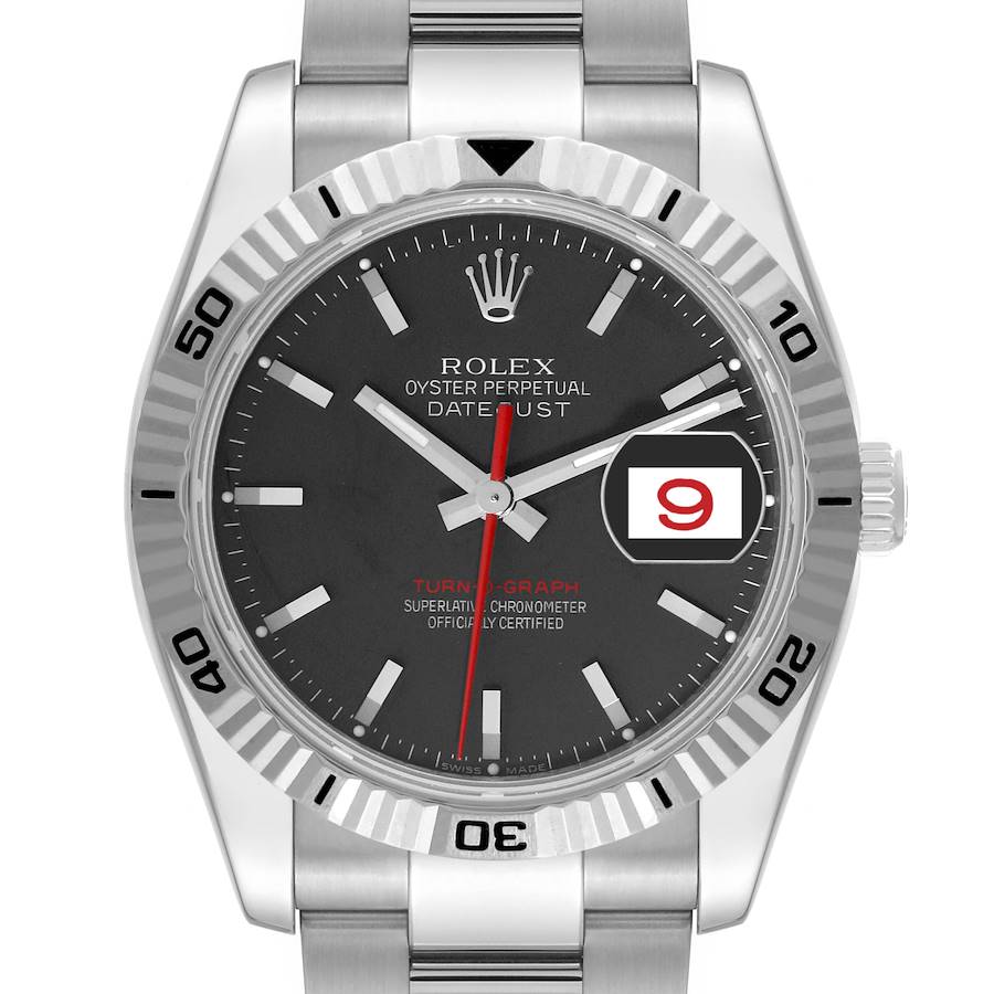 The image shows a front view of the Rolex Turn-o-Graph watch, displaying its dial, bezel, crown, and bracelet.