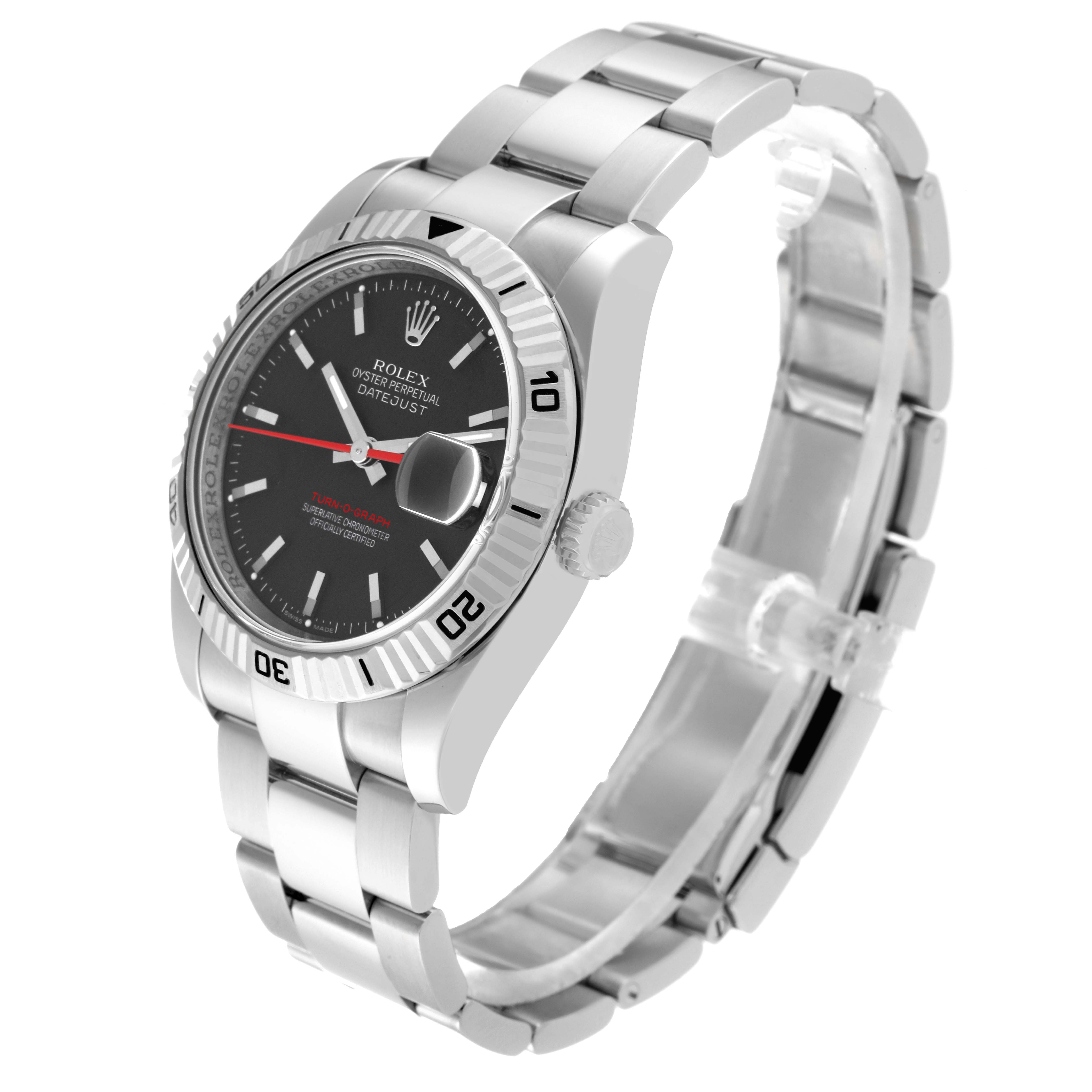 This image shows a side and front angle of a Rolex Turn-o-Graph 116264 Men's Stainless Steel Black Dial 116264 Men's Stainless Steel Black Dial watch featuring its bezel, dial, and bracelet.