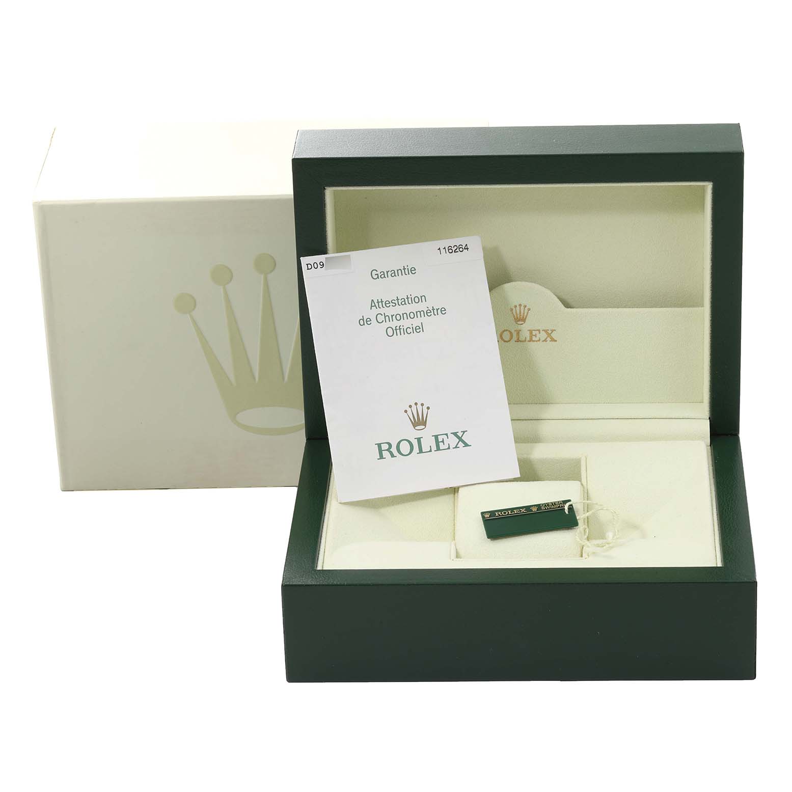 The image shows an open green Rolex box for the Turn-o-Graph model, displaying the warranty card and a tag inside.