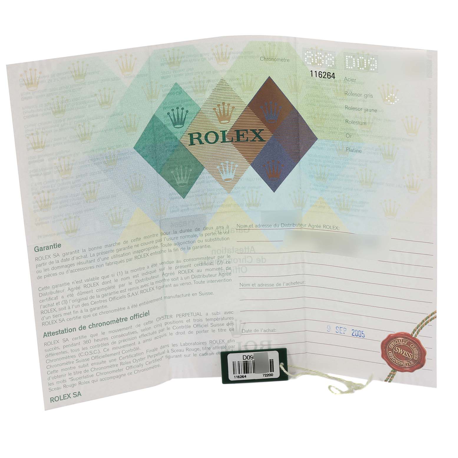 The image shows warranty paperwork for the Rolex Turn-o-Graph 116264 Men's Stainless Steel Black Dial 116264 Men's Stainless Steel Black Dial model.