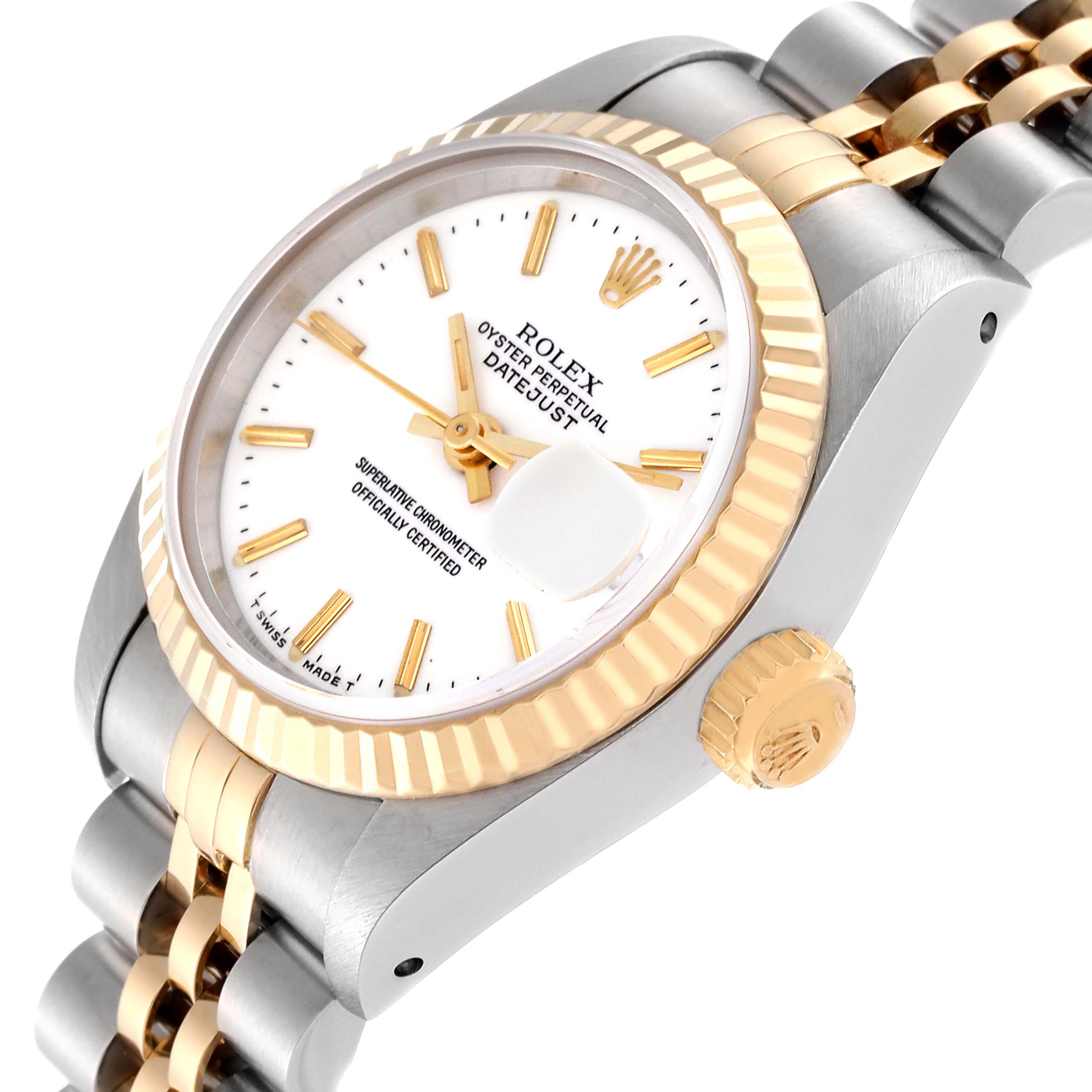 The image shows a close-up angle of a Rolex Datejust 69173 Women's Steel and Gold (two tone) White Dial 69173 Women's Steel and Gold (two tone) White Dial watch, highlighting the face, bezel, crown, and part of the bracelet.