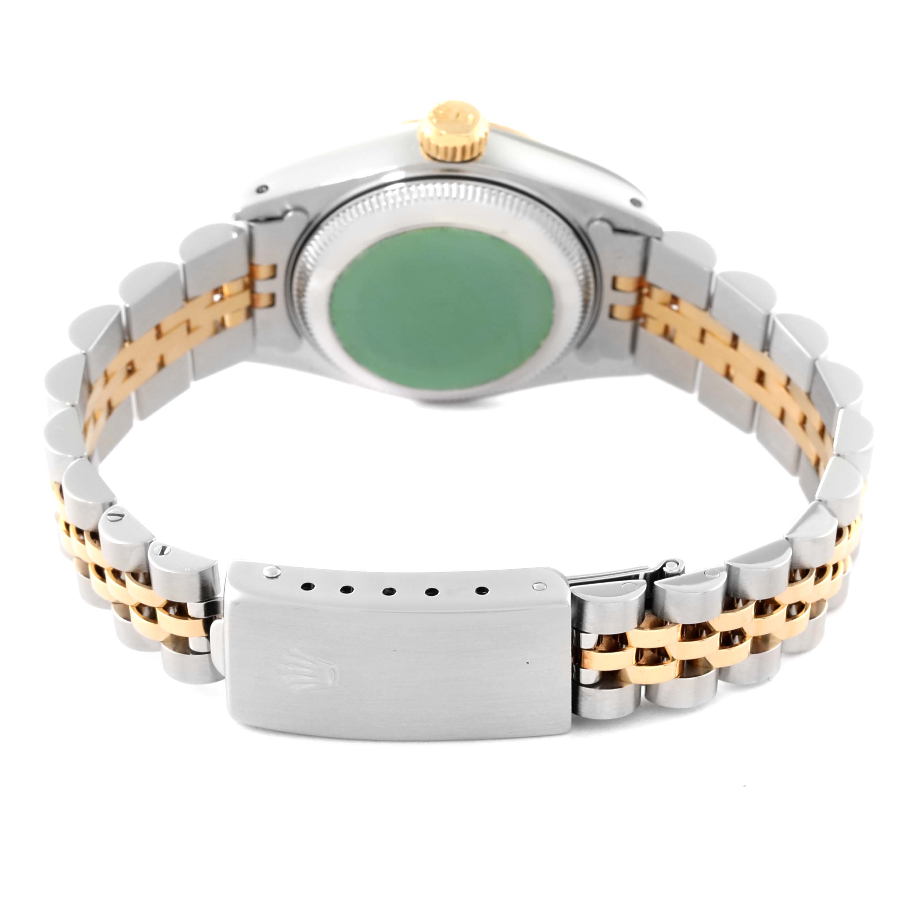 The image shows the underside of a Rolex Datejust 69173 Women's Steel and Gold (two tone) White Dial 69173 Women's Steel and Gold (two tone) White Dial watch, including the case back, crown, and two-tone bracelet with clasp.