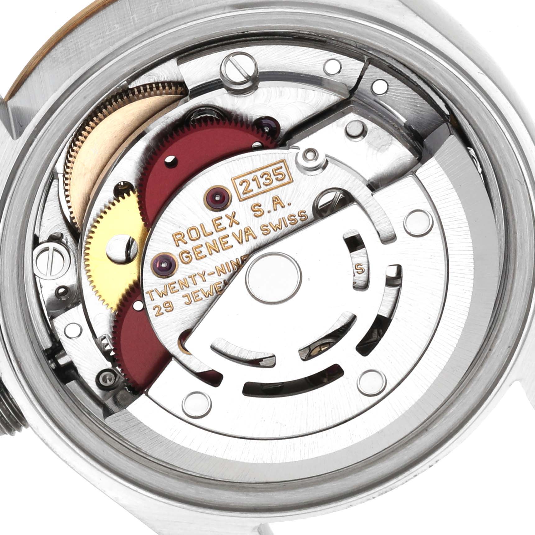 This image shows a close-up view of the movement mechanism inside a Rolex Datejust 69173 Women's Steel and Gold (two tone) White Dial 69173 Women's Steel and Gold (two tone) White Dial watch.