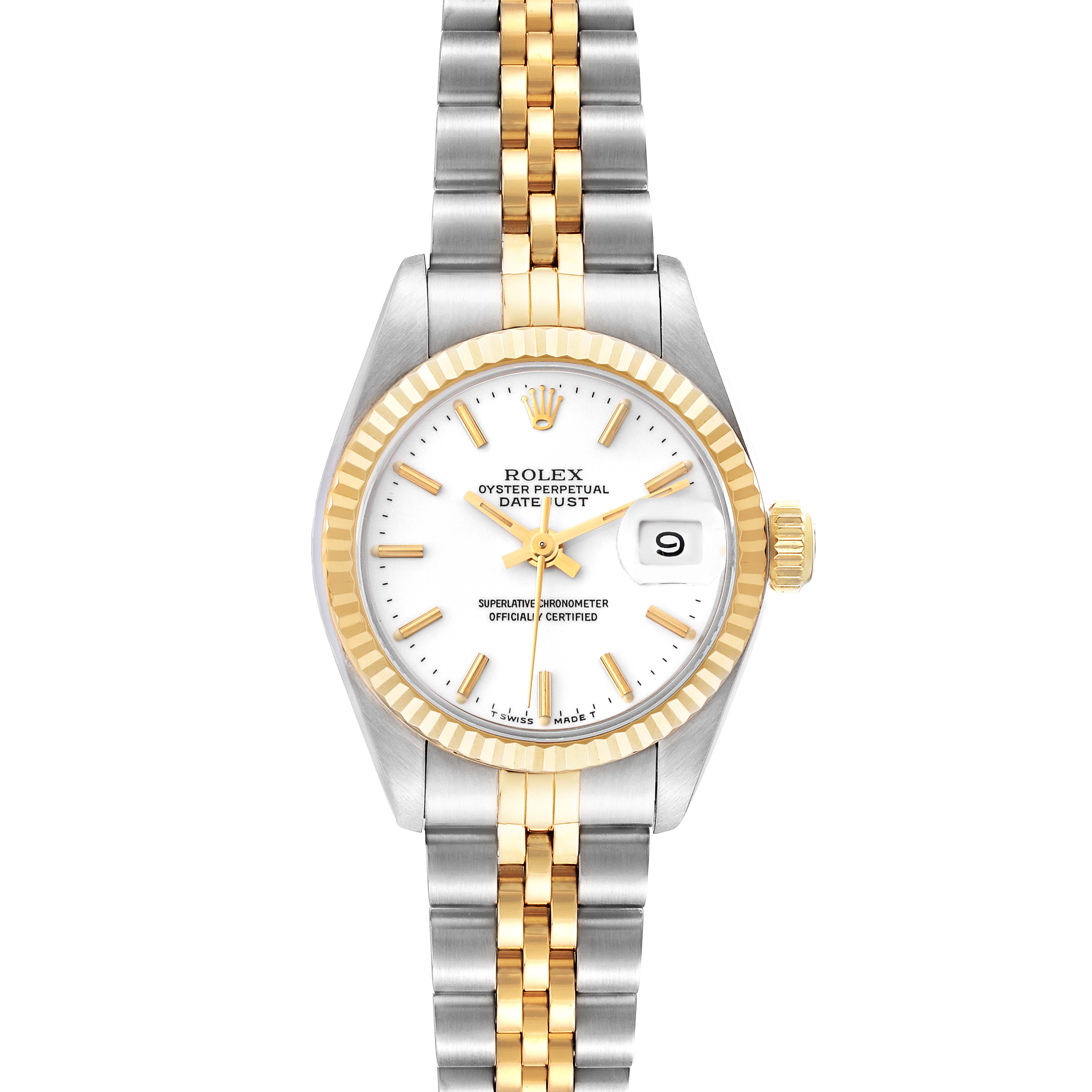 The image shows a front view of a Rolex Datejust 69173 Women's Steel and Gold (two tone) White Dial 69173 Women's Steel and Gold (two tone) White Dial watch, featuring a two-tone bracelet, white dial, and fluted bezel.