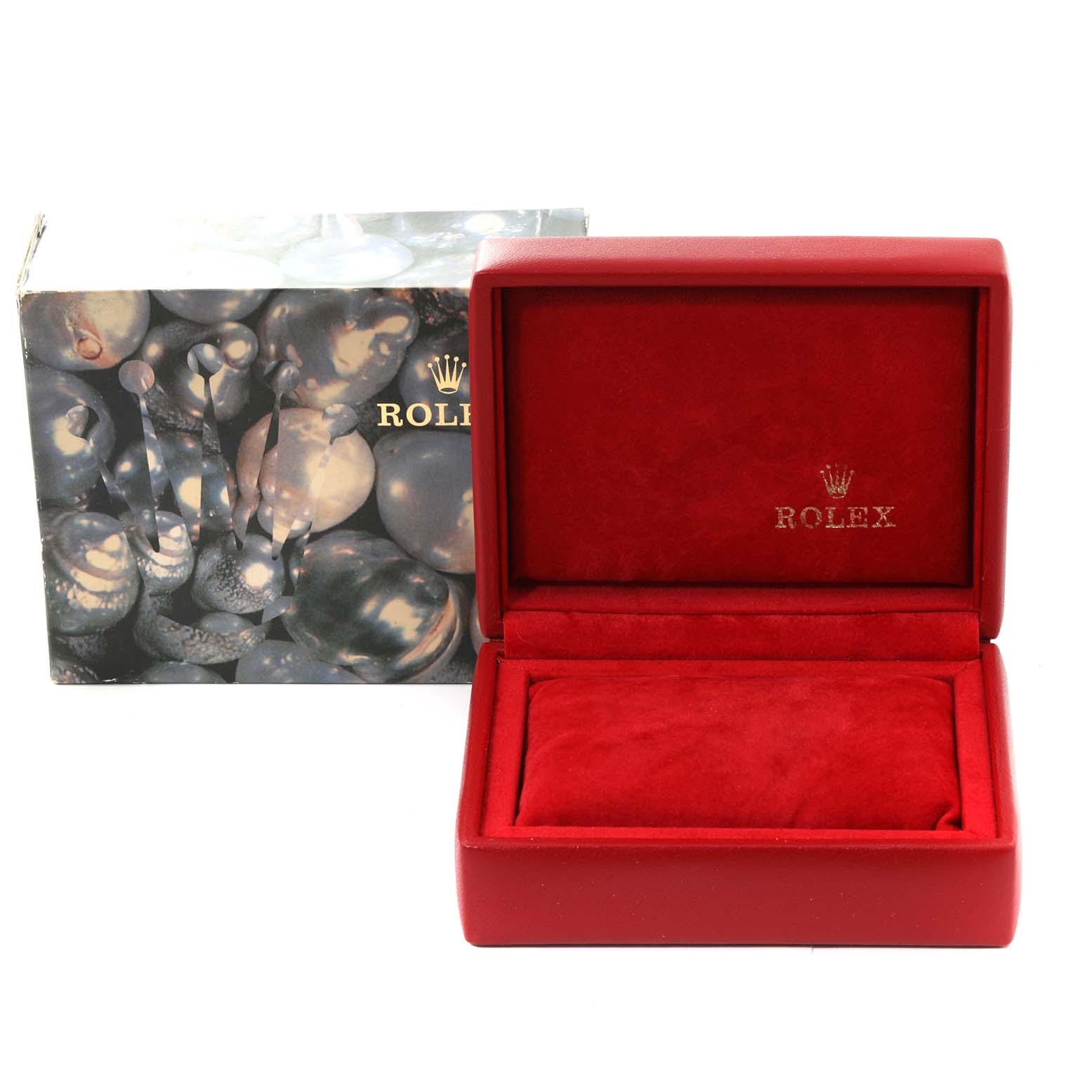 This image shows a Rolex Datejust 69173 Women's Steel and Gold (two tone) White Dial 69173 Women's Steel and Gold (two tone) White Dial watch box and packaging, with the box open and empty, exposing its red interior.