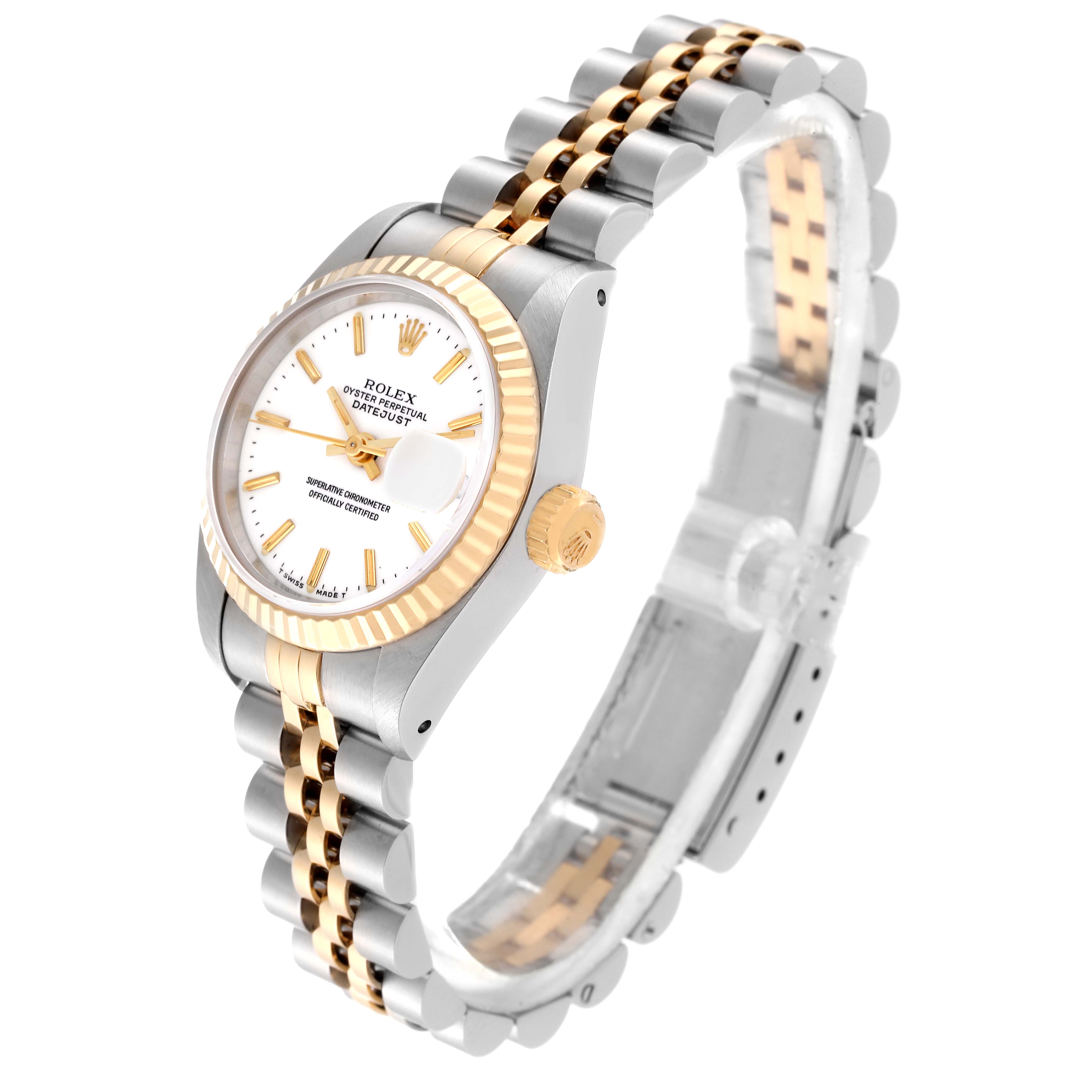 The image shows a Rolex Datejust 69173 Women's Steel and Gold (two tone) White Dial 69173 Women's Steel and Gold (two tone) White Dial watch at a slight side angle, highlighting its dial, bezel, crown, and two-tone bracelet.