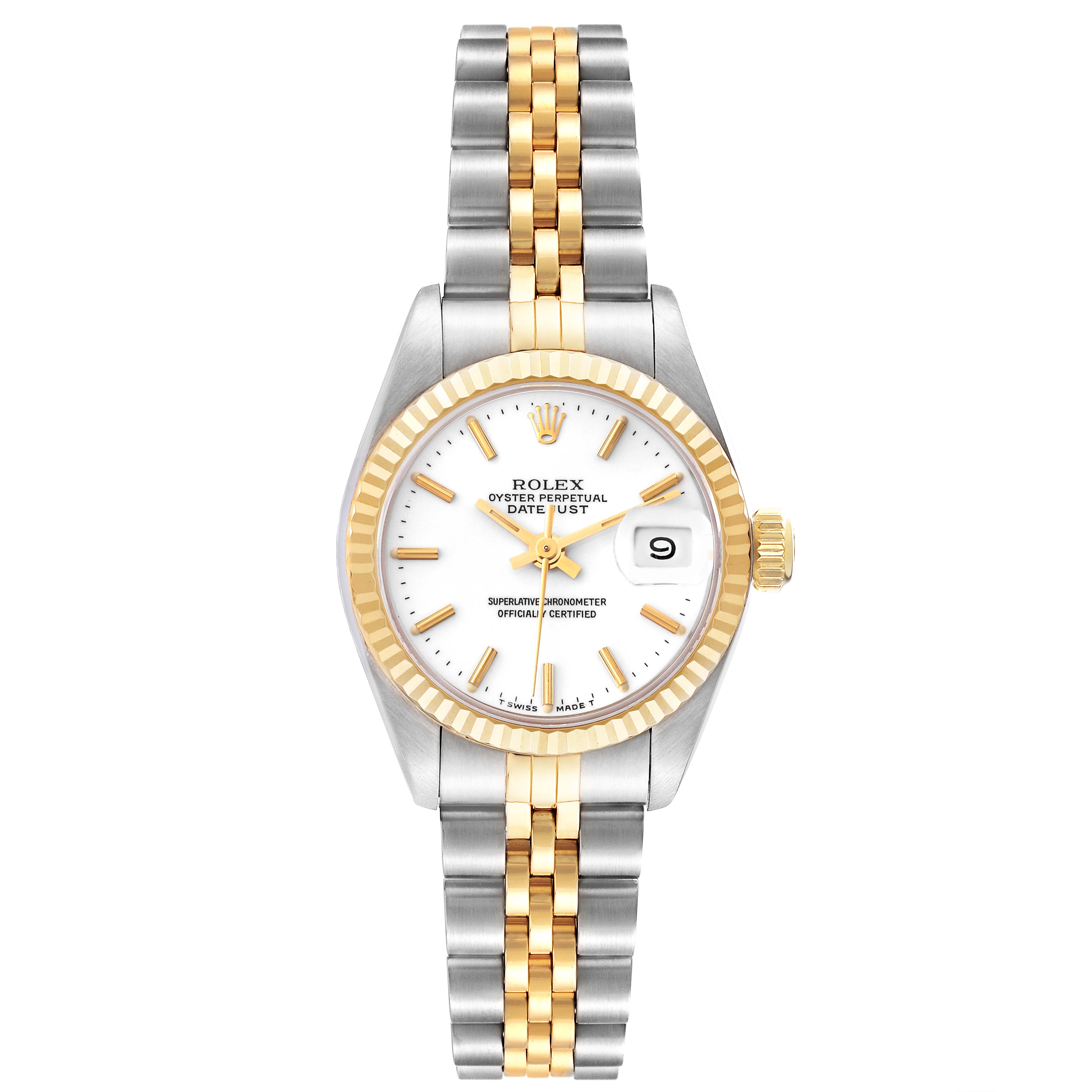 The image shows a Rolex Datejust 69173 Women's Steel and Gold (two tone) White Dial 69173 Women's Steel and Gold (two tone) White Dial watch from a front view, highlighting the dial, bezel, crown, and bracelet.