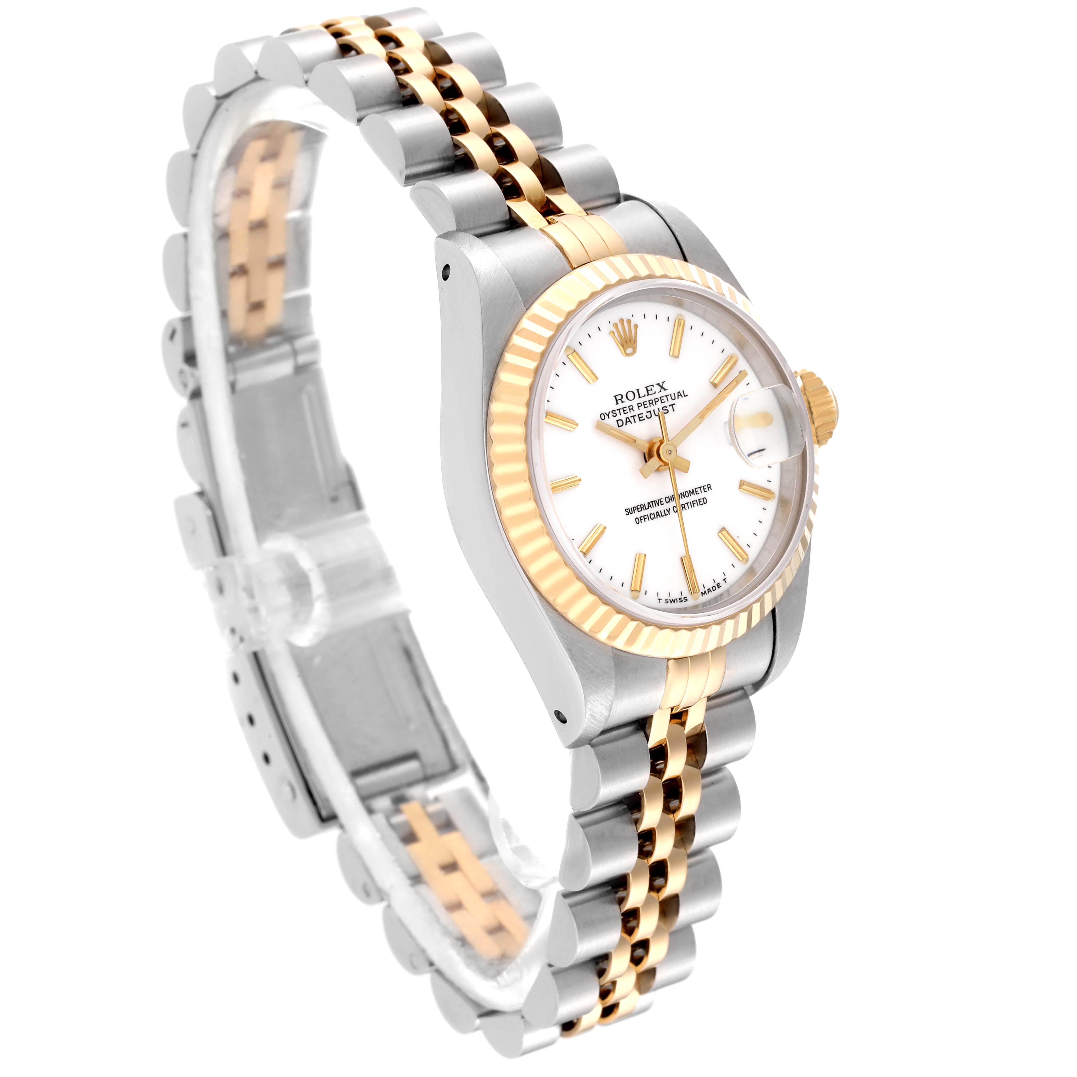The Rolex Datejust 69173 Women's Steel and Gold (two tone) White Dial 69173 Women's Steel and Gold (two tone) White Dial watch is shown at a three-quarter angle, highlighting the dial, fluted bezel, crown, and the two-tone Jubilee bracelet.