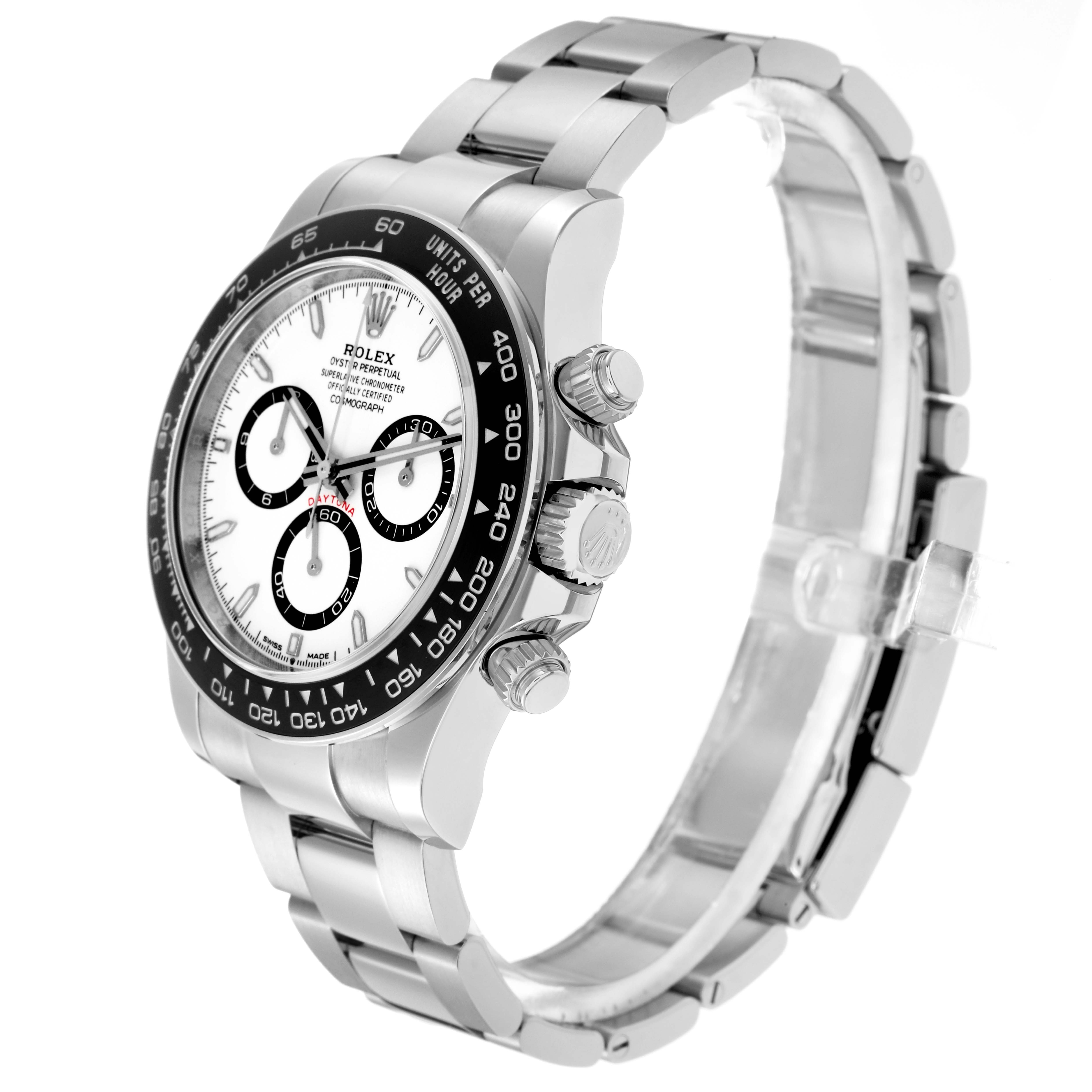 The Rolex Daytona 126500 Men
s Stainless Steel White Dial 126500 Men
s Stainless Steel White Dial watch is shown from a side angle, highlighting the bezel, crown, pushers, and part of the bracelet.