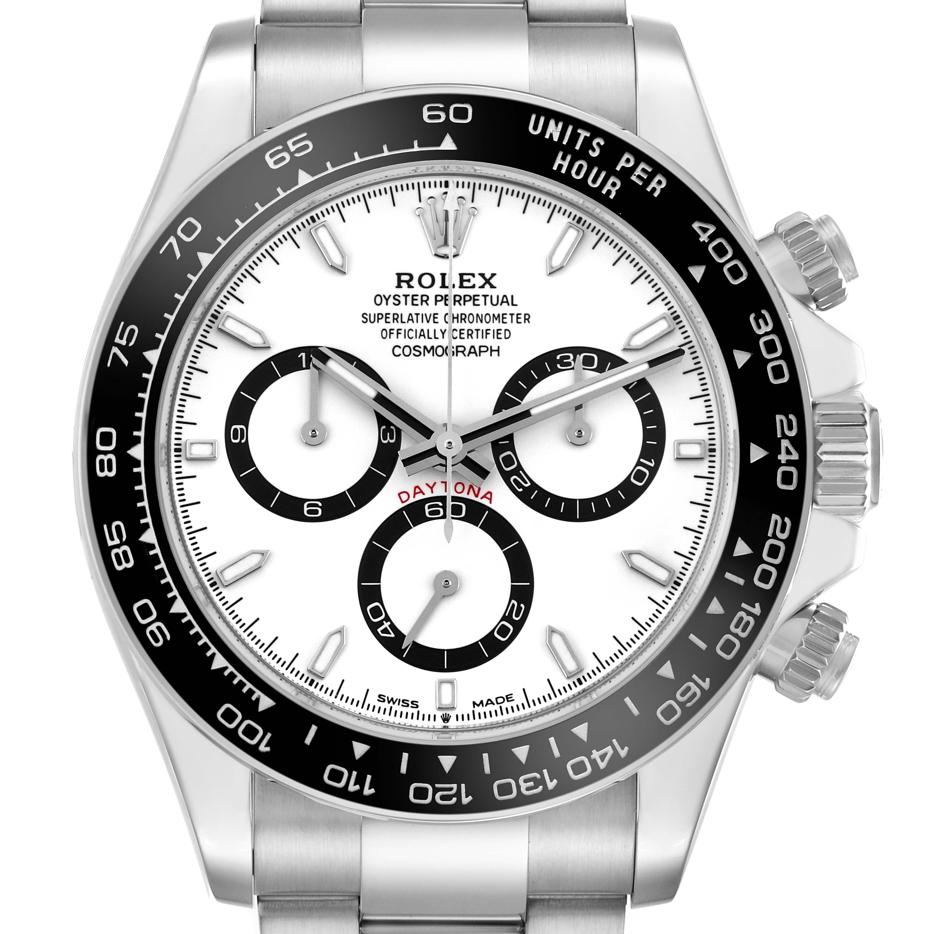 The Rolex Daytona 126500 Men
s Stainless Steel White Dial 126500 Men
s Stainless Steel White Dial watch is shown from the front, highlighting the dial, bezel, crown, and subdials.