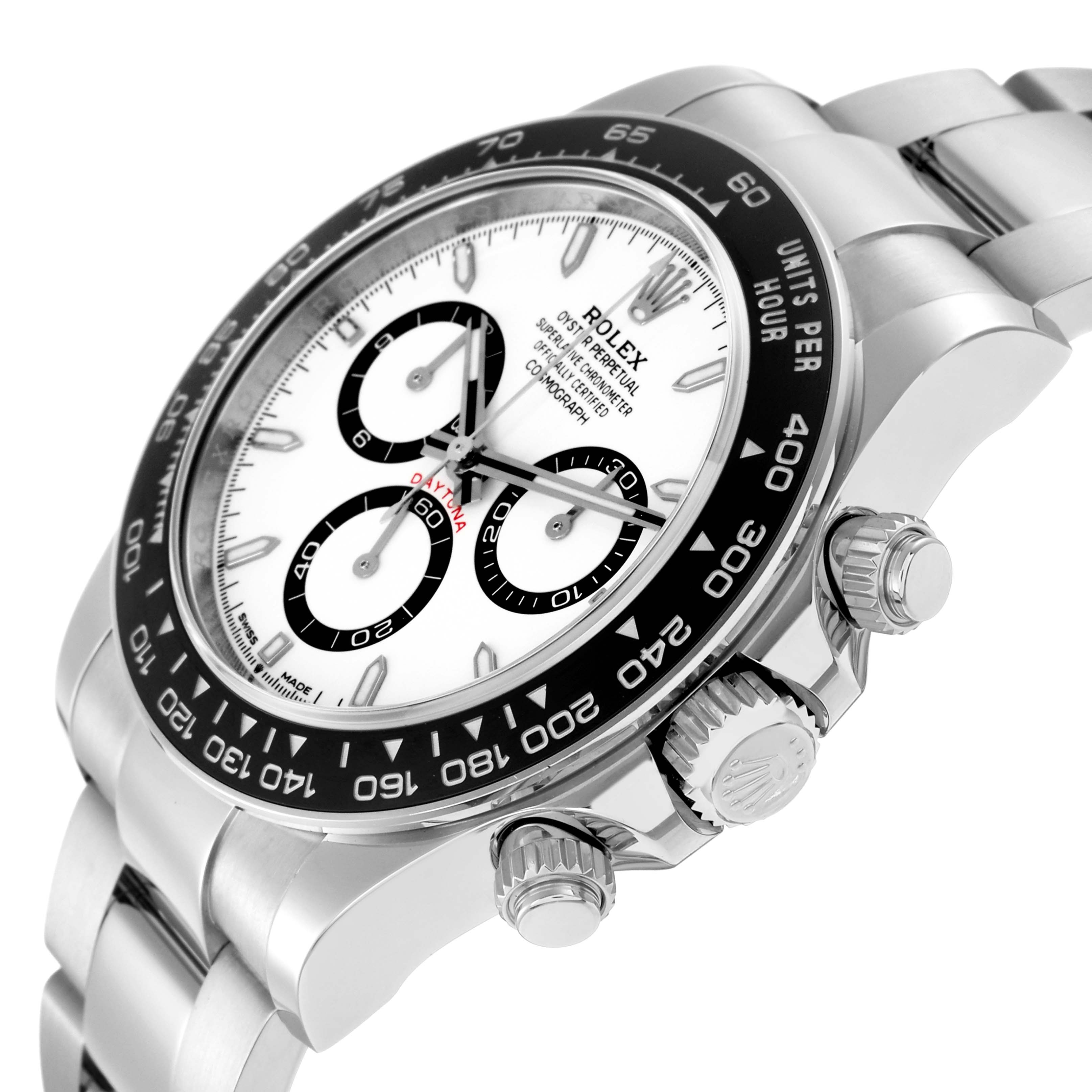 The Rolex Daytona 126500 Men
s Stainless Steel White Dial 126500 Men
s Stainless Steel White Dial watch is shown at an angled view highlighting the face, bezel, and side crown.