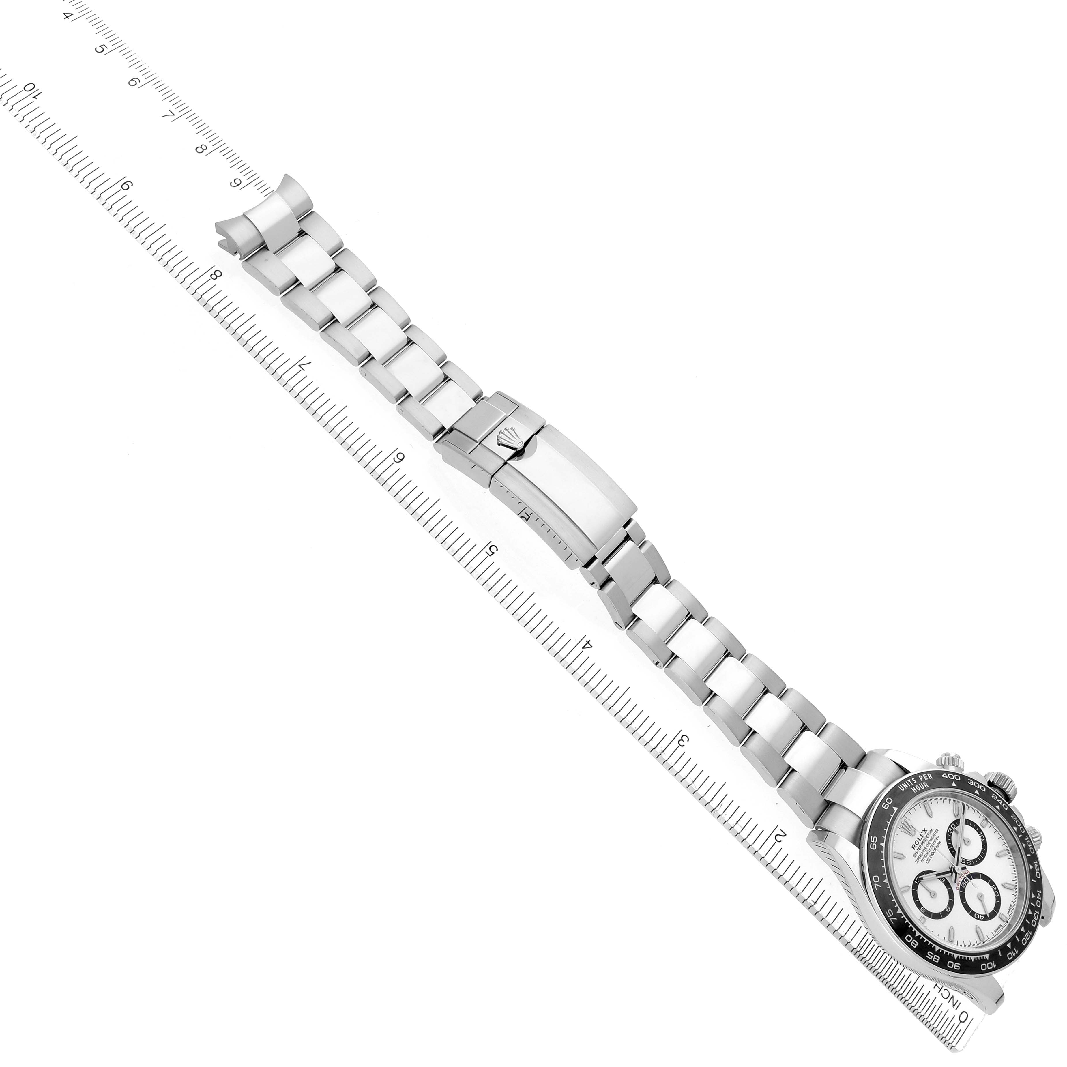 The Rolex Daytona 126500 Men
s Stainless Steel White Dial 126500 Men
s Stainless Steel White Dial watch is displayed at an angle showing its bracelet and clasp, along with the face and chronograph dials.