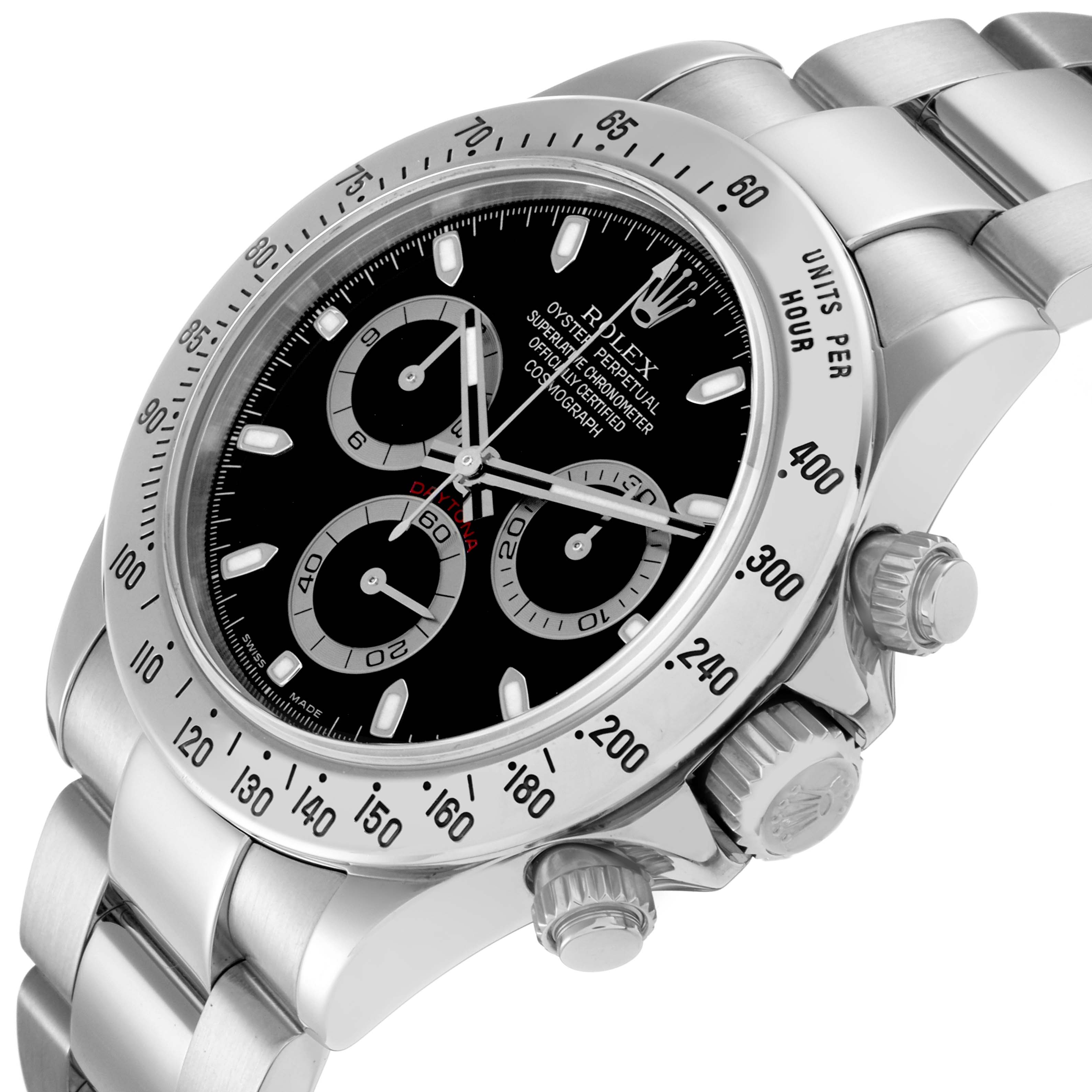 The Rolex Daytona 116520 Men
s Stainless Steel Black Dial 116520 Men
s Stainless Steel Black Dial watch is angled to highlight the face, bezel, and side buttons with a view of the bracelet.