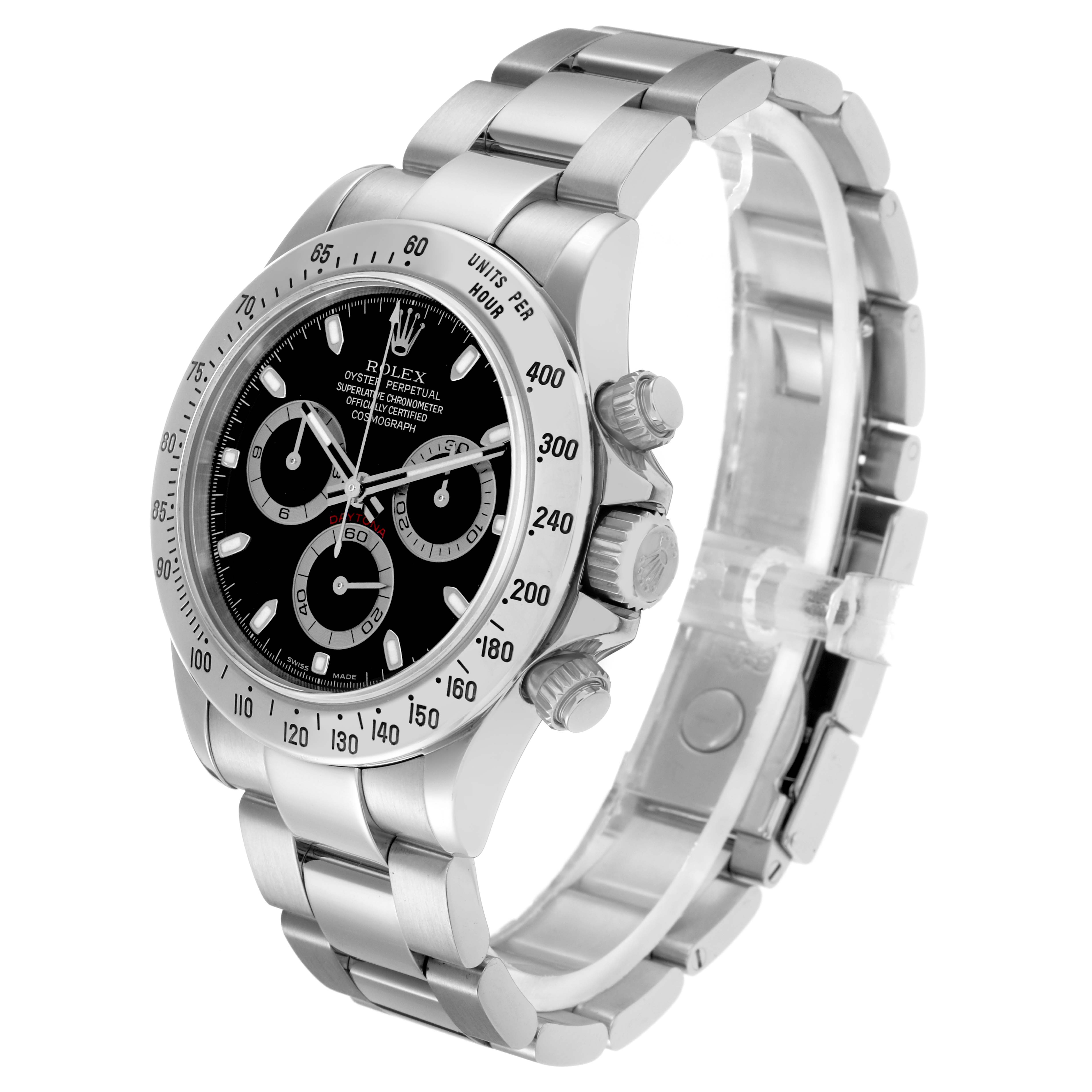 The image shows a Rolex Daytona 116520 Men
s Stainless Steel Black Dial 116520 Men
s Stainless Steel Black Dial watch at a three-quarter angle, highlighting the bezel, dial, and stainless steel bracelet.