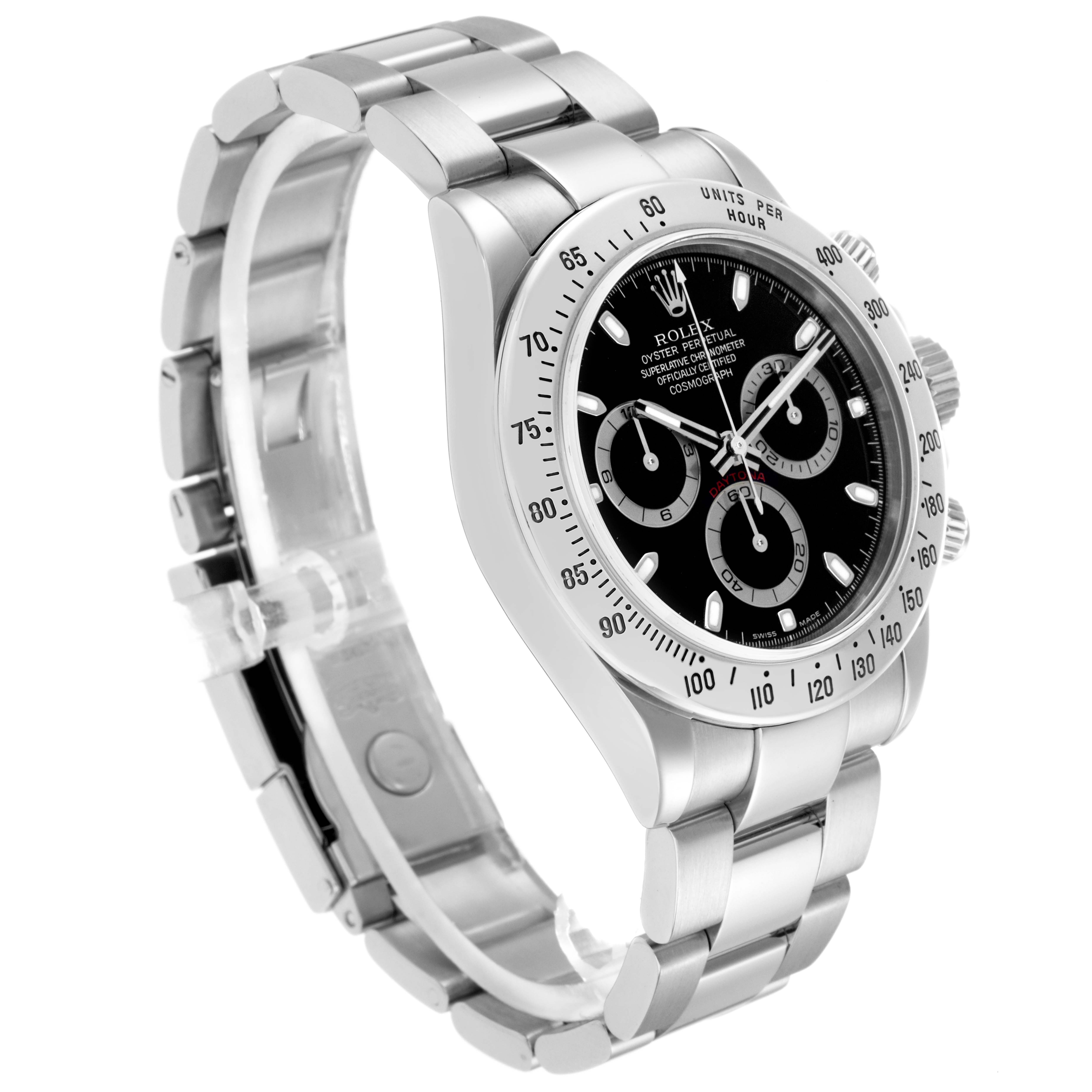 The Rolex Daytona 116520 Men
s Stainless Steel Black Dial 116520 Men
s Stainless Steel Black Dial watch is shown at a three-quarter angle, displaying its dial, bezel, crown, pushers, and bracelet.