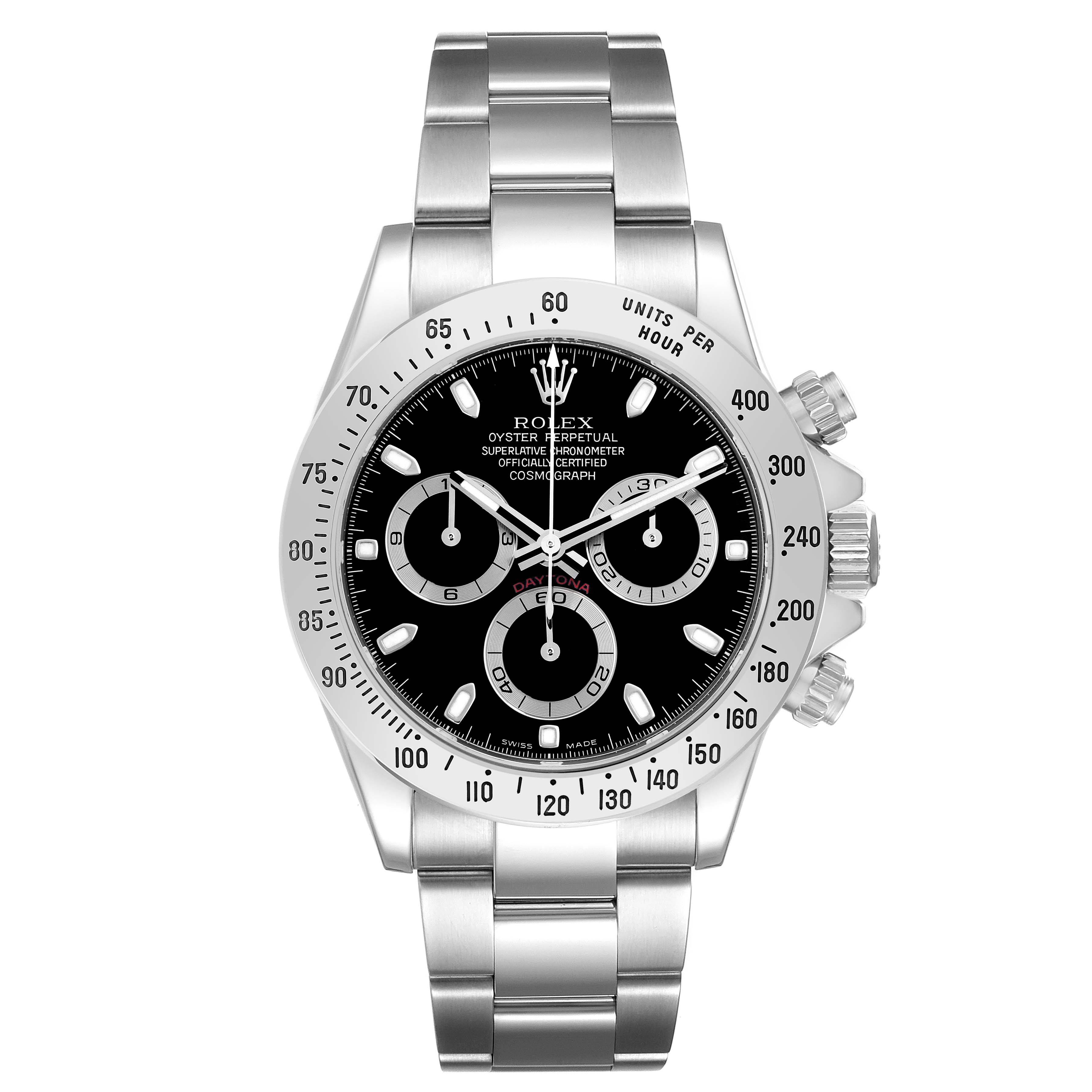 The Rolex Daytona 116520 Men
s Stainless Steel Black Dial 116520 Men
s Stainless Steel Black Dial is shown from the front, displaying the dial, bezel, pushers, and bracelet.