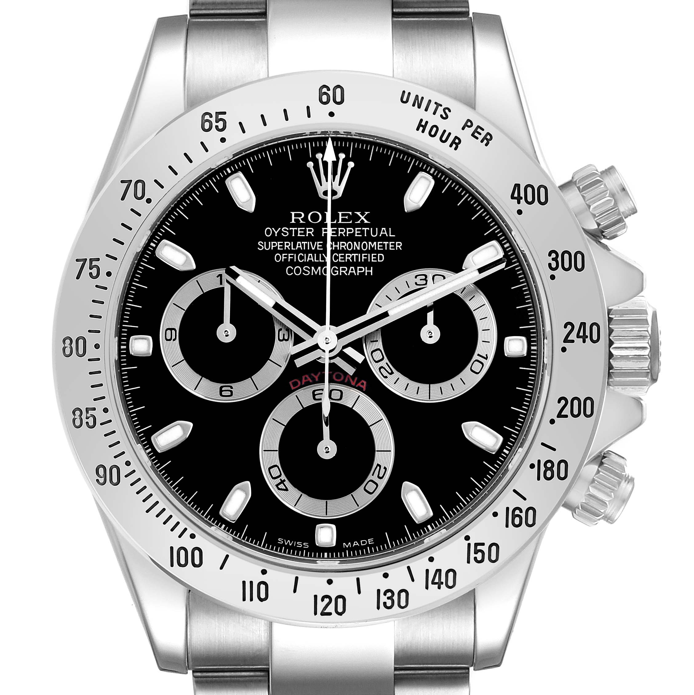 The image shows a frontal view of the Rolex Daytona 116520 Men
s Stainless Steel Black Dial 116520 Men
s Stainless Steel Black Dial, highlighting the face, bezel, and pushers.