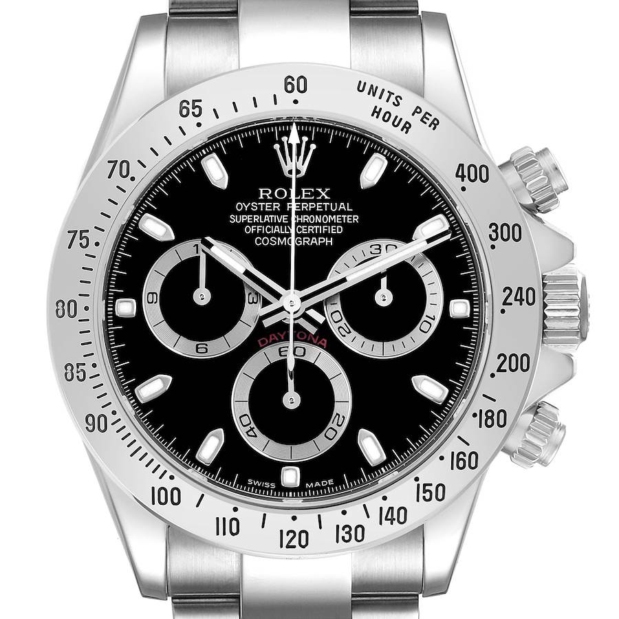 The image shows a frontal view of the Rolex Daytona, highlighting the face, bezel, and pushers.