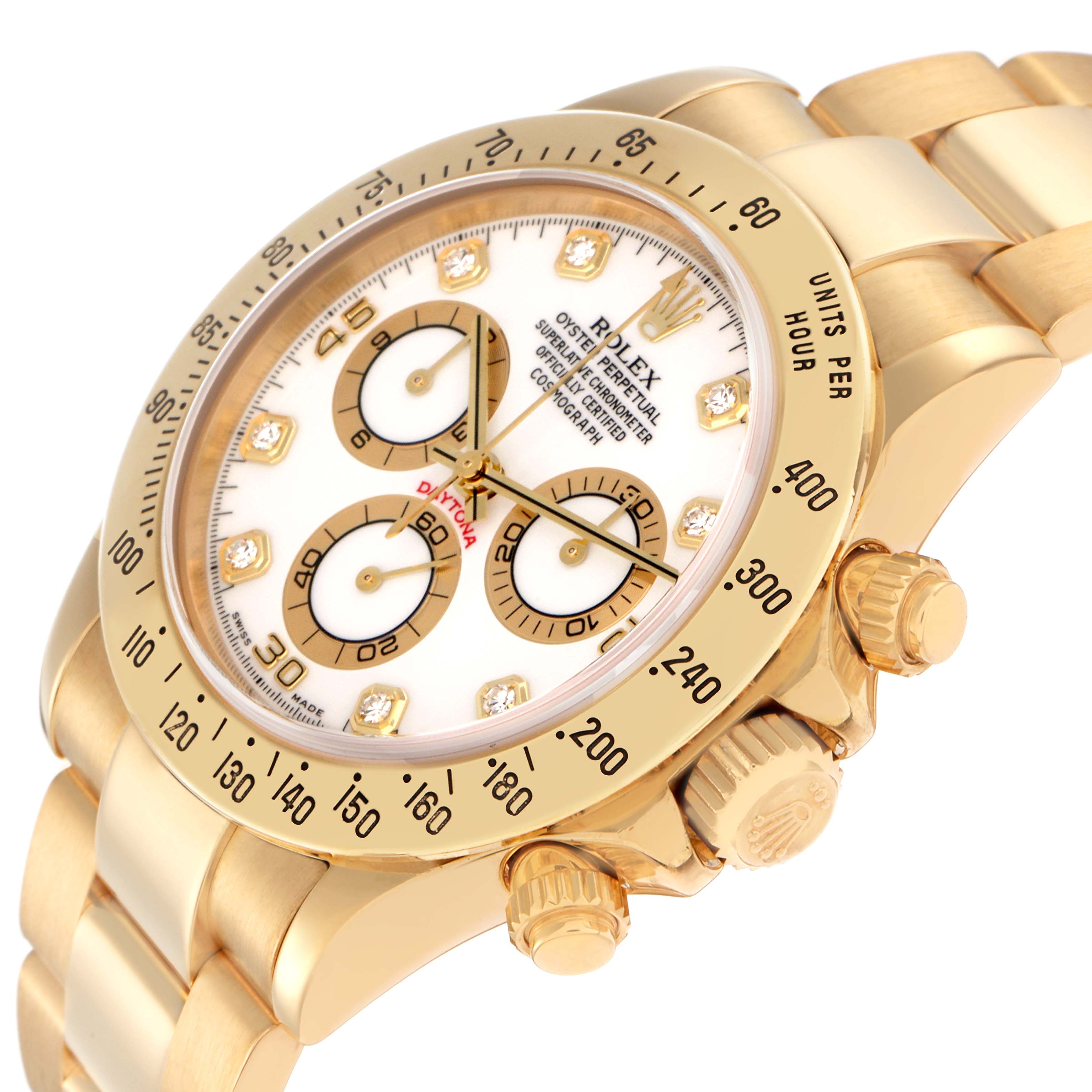 The image shows a Rolex Daytona 116528 Men
s Yellow Gold White Dial 116528 Men
s Yellow Gold White Dial watch at an angled view, highlighting the bezel, crown, subdials, and part of the bracelet.
