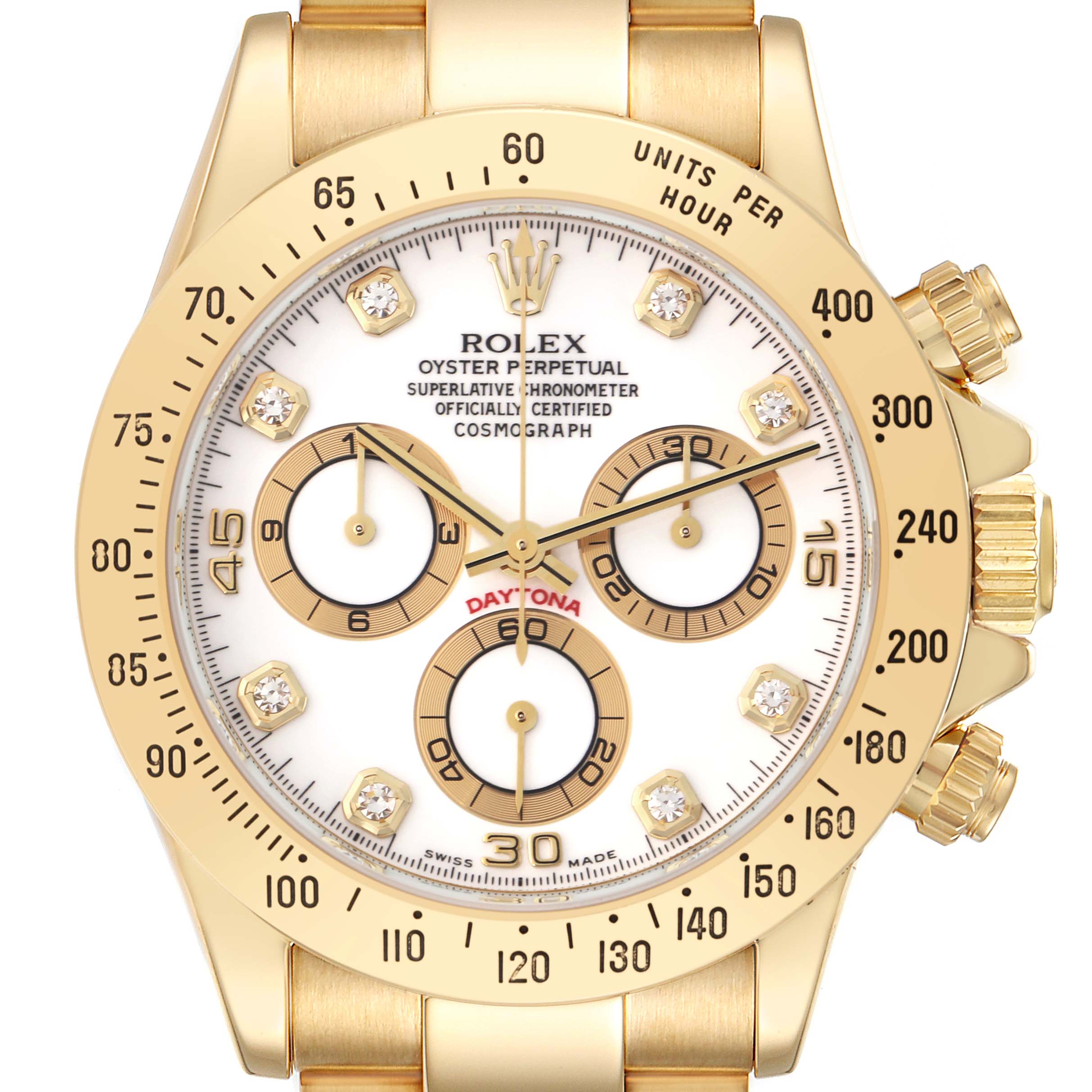The Rolex Daytona 116528 Men
s Yellow Gold White Dial 116528 Men
s Yellow Gold White Dial watch is shown from a top view, highlighting its dial, bezel, and crown.