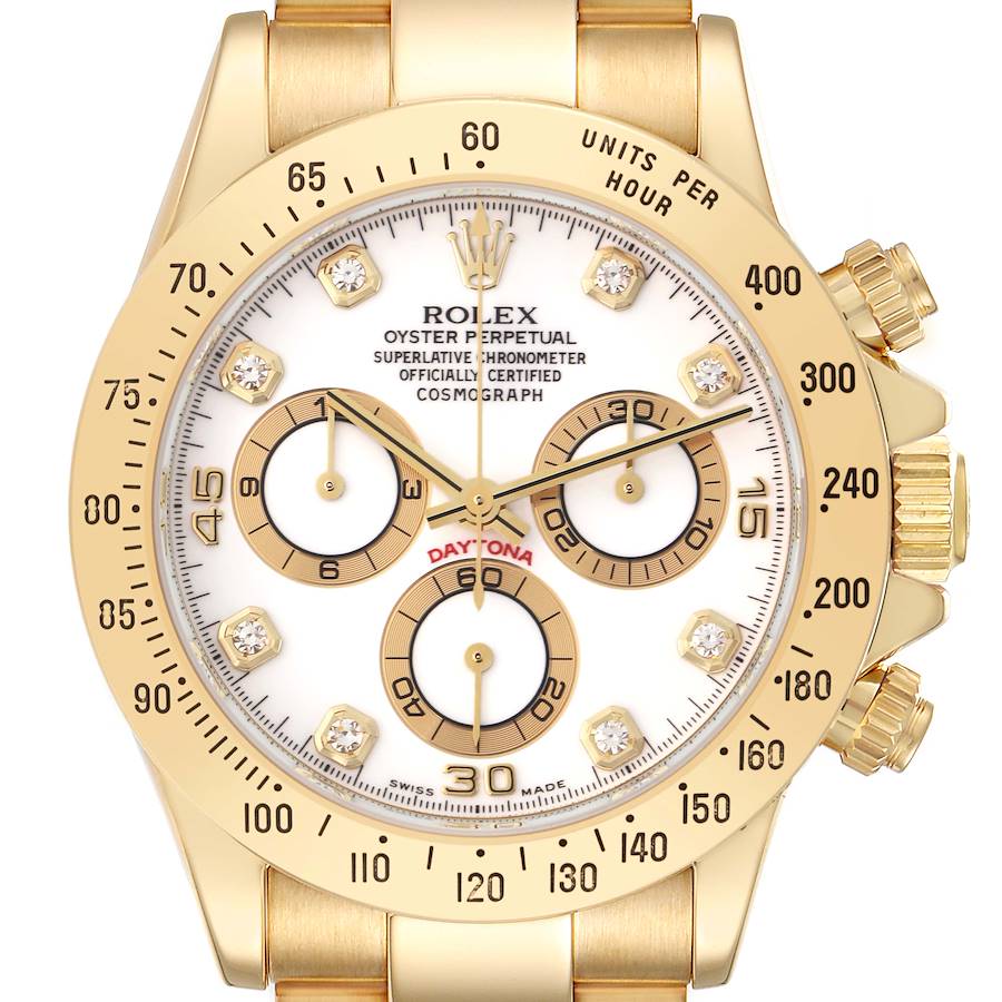 The Rolex Daytona watch is shown from a top view, highlighting its dial, bezel, and crown.