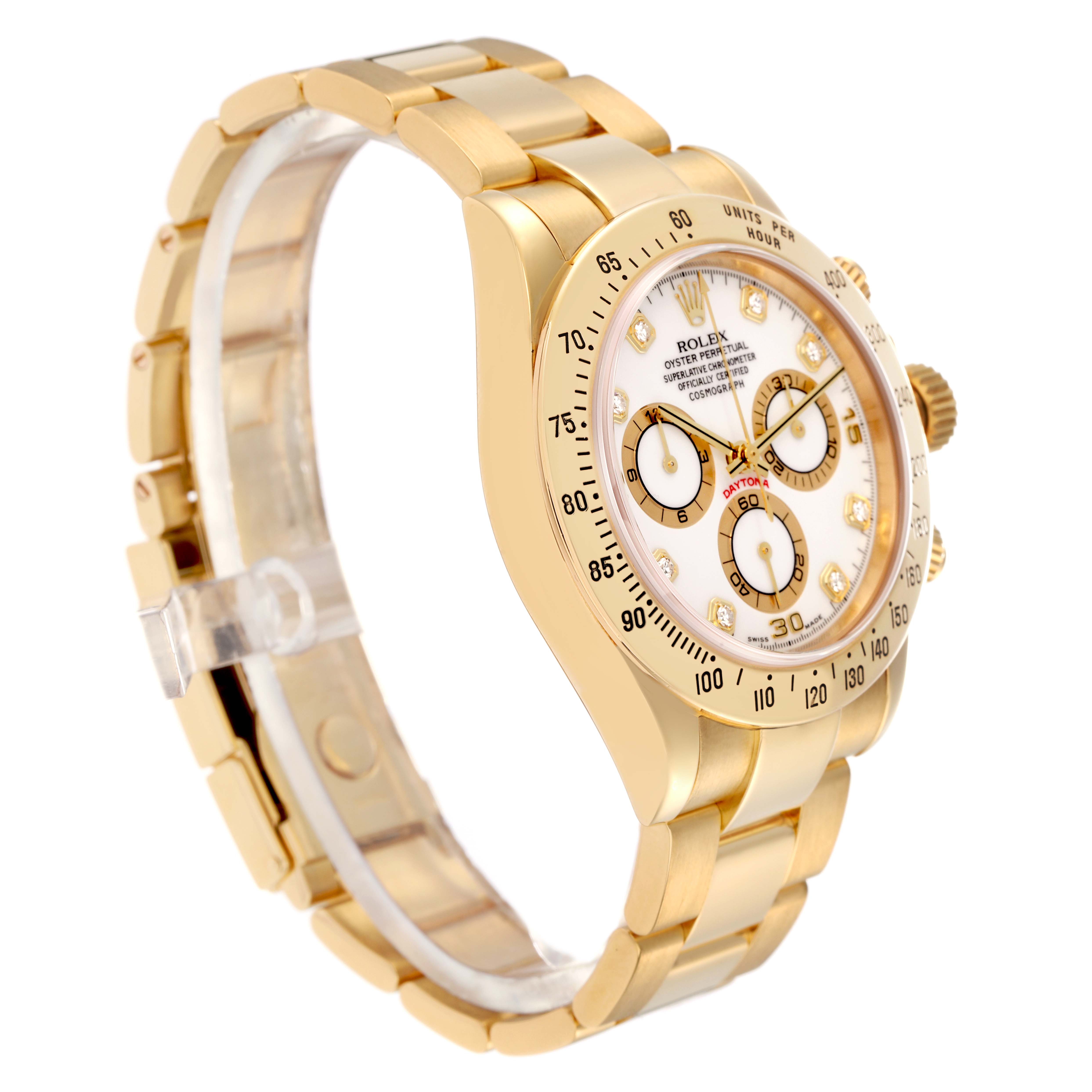 The image shows a Rolex Daytona 116528 Men
s Yellow Gold White Dial 116528 Men
s Yellow Gold White Dial watch at a three-quarter angle, highlighting the face, bezel, and bracelet.
