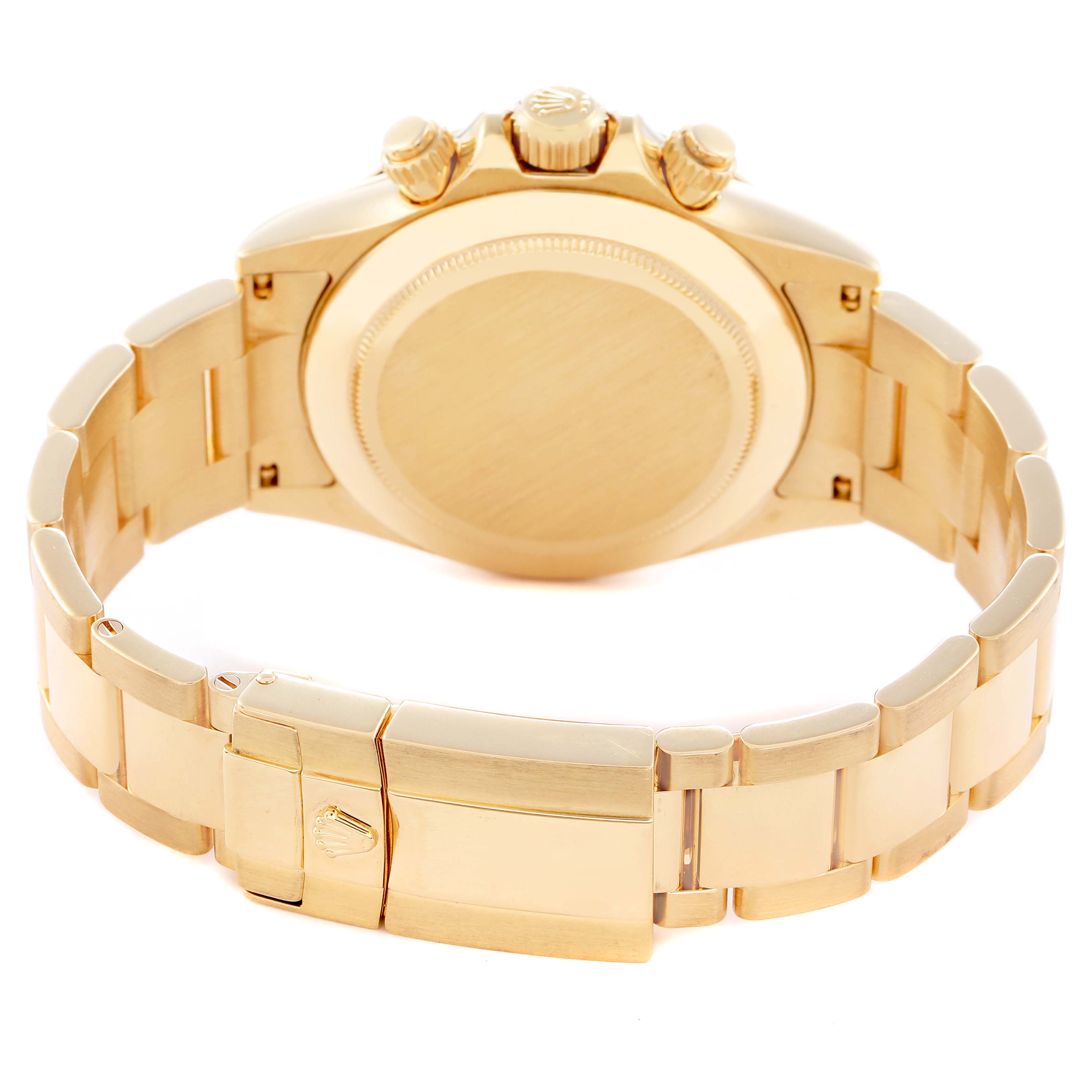 The image shows the back and side view of a Rolex Daytona 116528 Men
s Yellow Gold White Dial 116528 Men
s Yellow Gold White Dial, highlighting the bracelet, clasp, and case back.