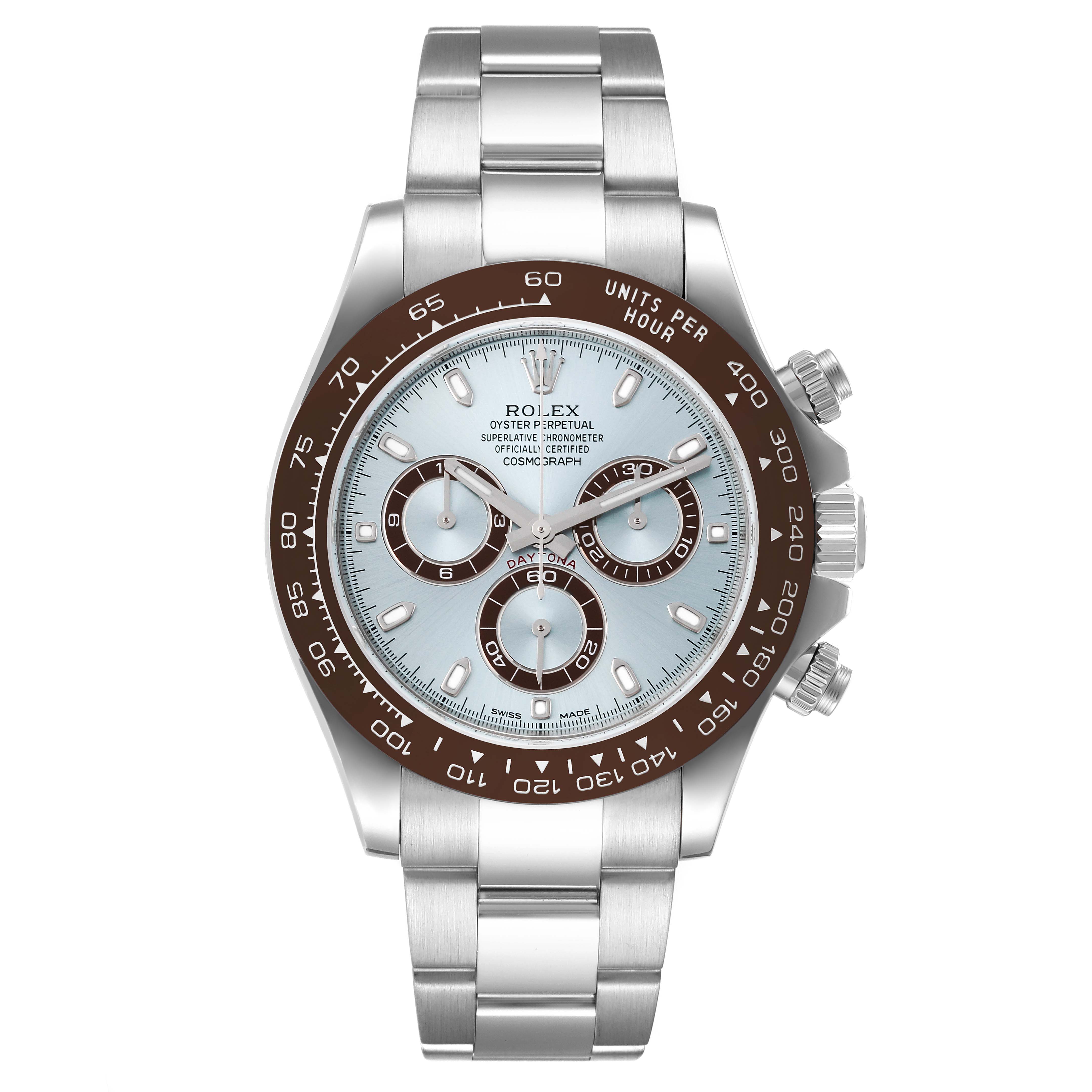 The image shows a Rolex Daytona 116506 Men's Platinum Blue Dial 116506 Men's Platinum Blue Dial watch from a front angle, highlighting the dial, bezel, case, and bracelet.