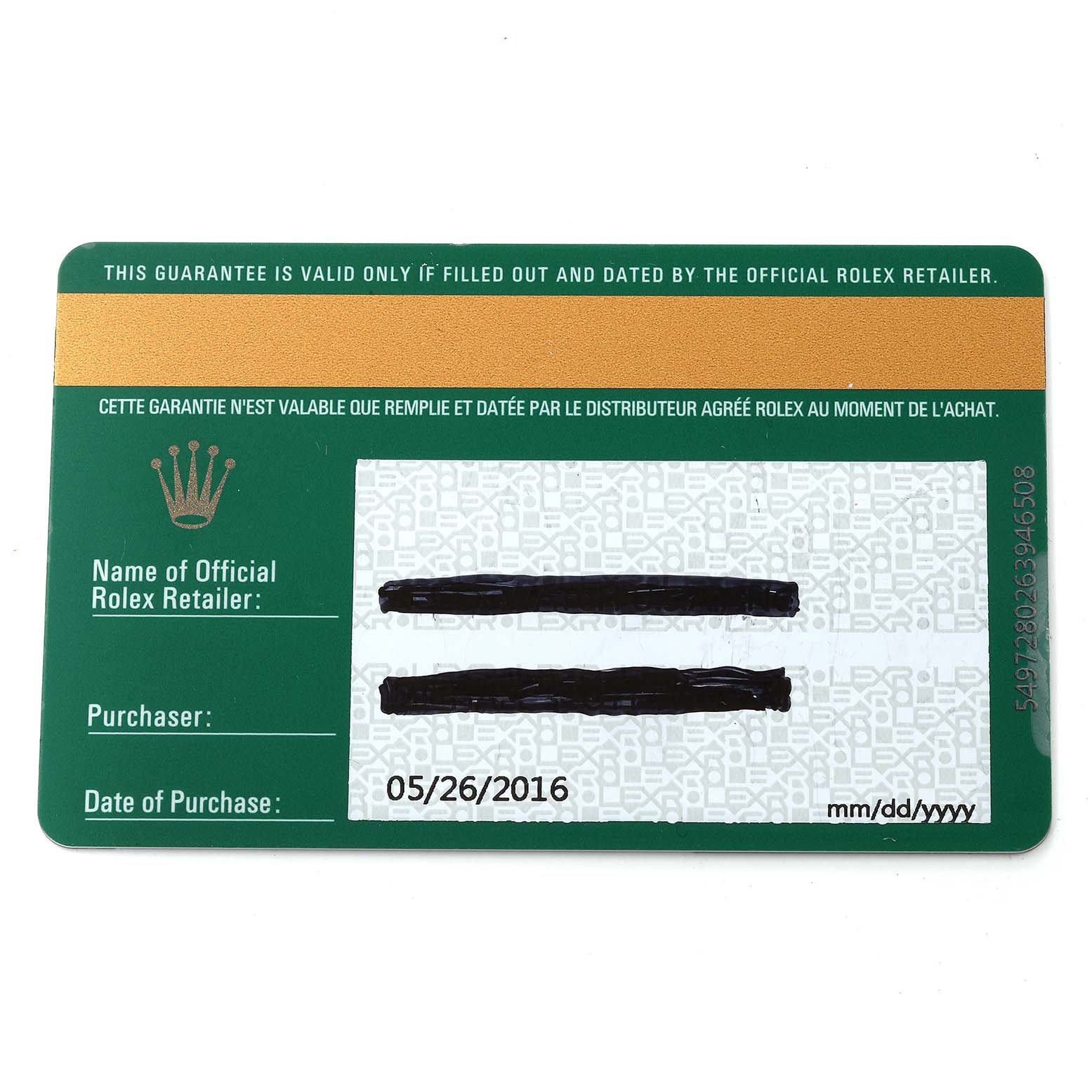 This image shows a warranty card for a Rolex Daytona 116506 Men's Platinum Blue Dial 116506 Men's Platinum Blue Dial watch, dated 05/26/2016.