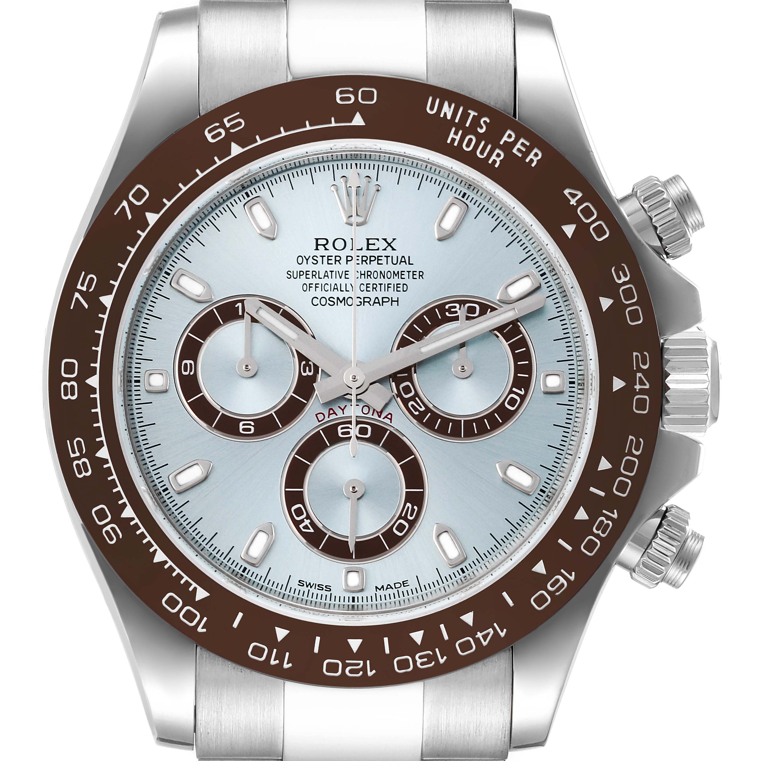This Rolex Daytona 116506 Men's Platinum Blue Dial 116506 Men's Platinum Blue Dial watch image shows a close-up of the dial, bezel, and side pushers, displaying its detailed chronograph features.