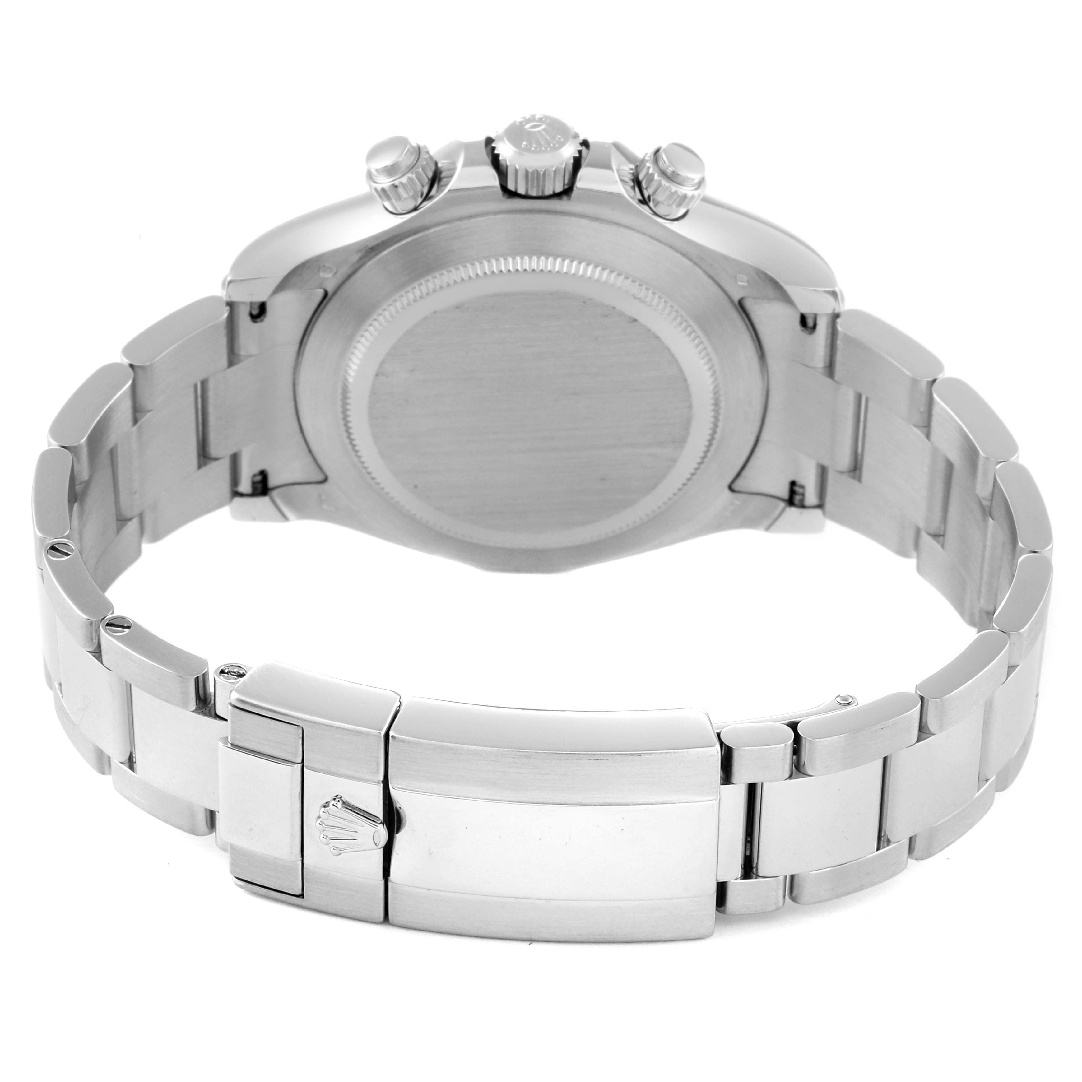 The image shows the back case and bracelet of a Rolex Daytona 116506 Men's Platinum Blue Dial 116506 Men's Platinum Blue Dial watch from a rear angle.