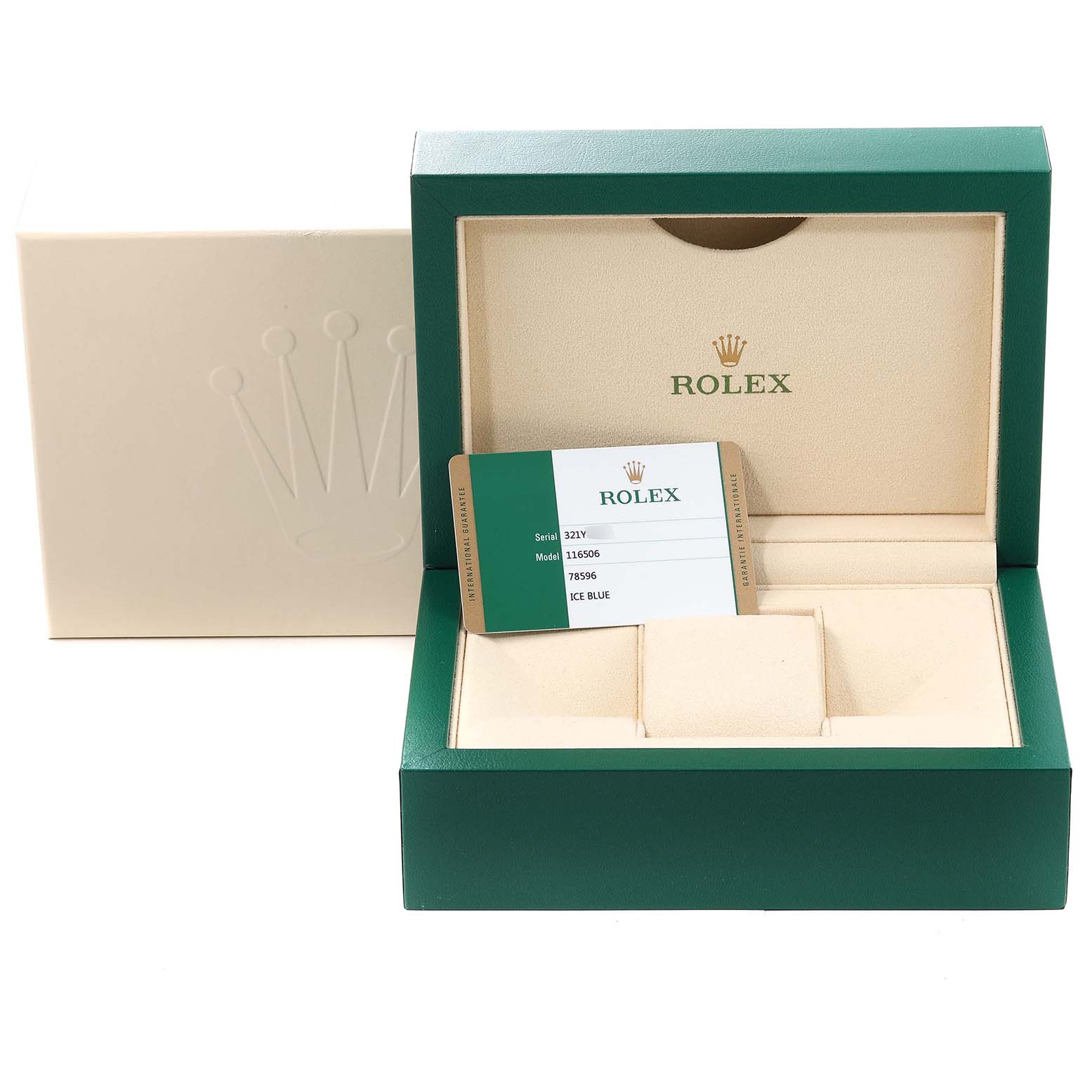 The image shows a Rolex Daytona 116506 Men's Platinum Blue Dial 116506 Men's Platinum Blue Dial watch box, including an outer box and authenticity card, viewed from the front.