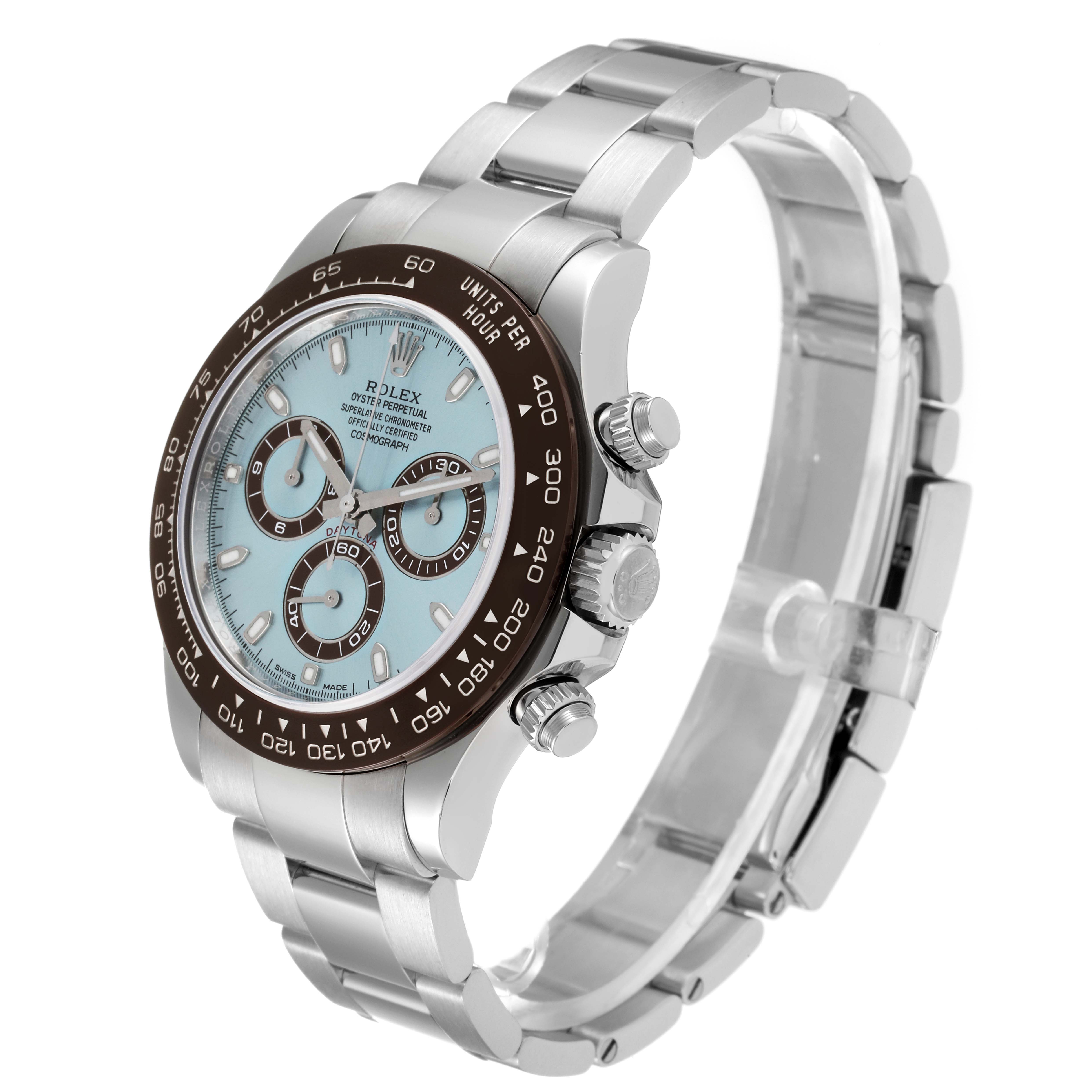 The Rolex Daytona 116506 Men's Platinum Blue Dial 116506 Men's Platinum Blue Dial model watch is shown at a three-quarter angle displaying its dial, bezel, crown, pushers, and bracelet.