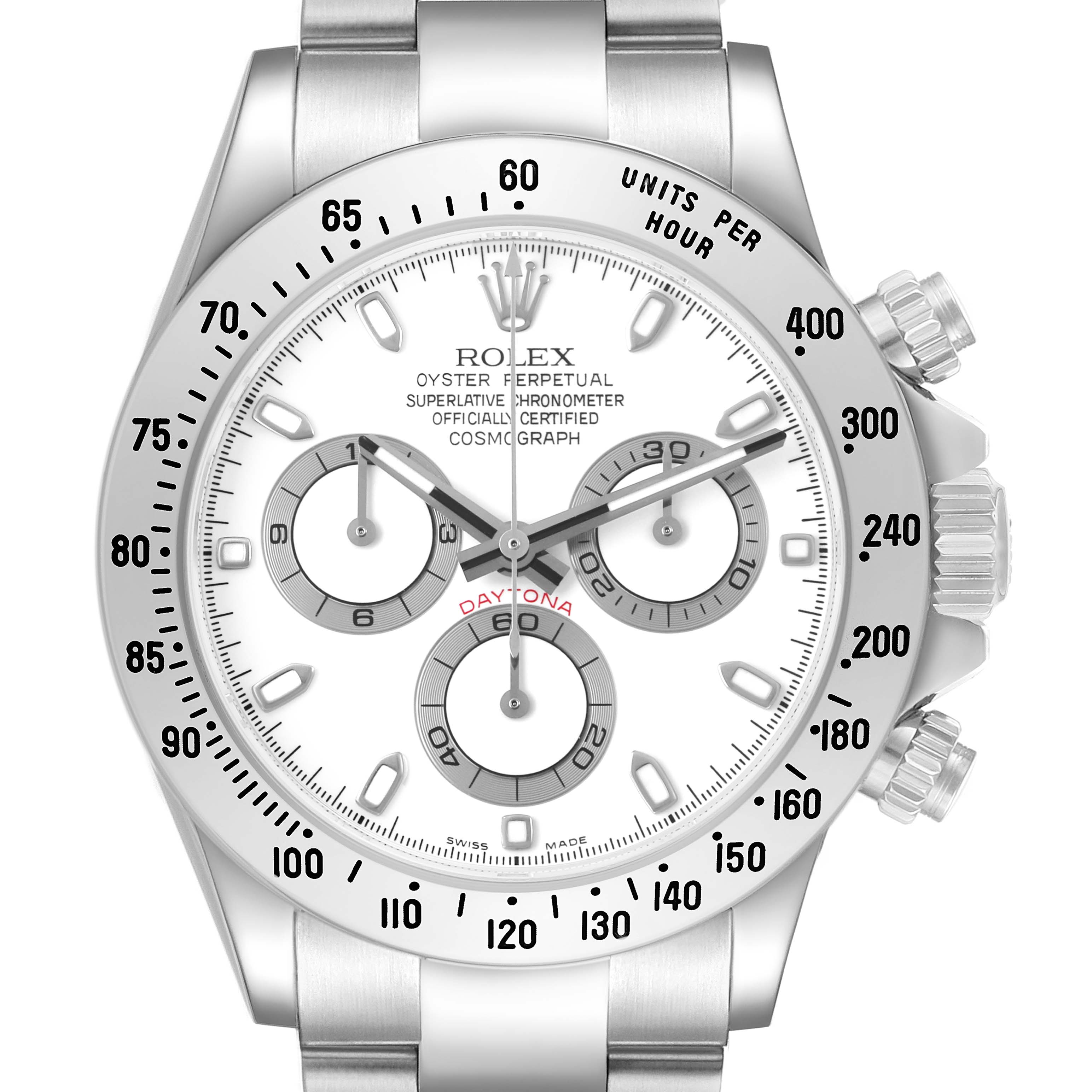 The Rolex Daytona 116520 Men's Stainless Steel White Dial watch is shown from a front angle, highlighting the dial, bezel, pushers, and bracelet.