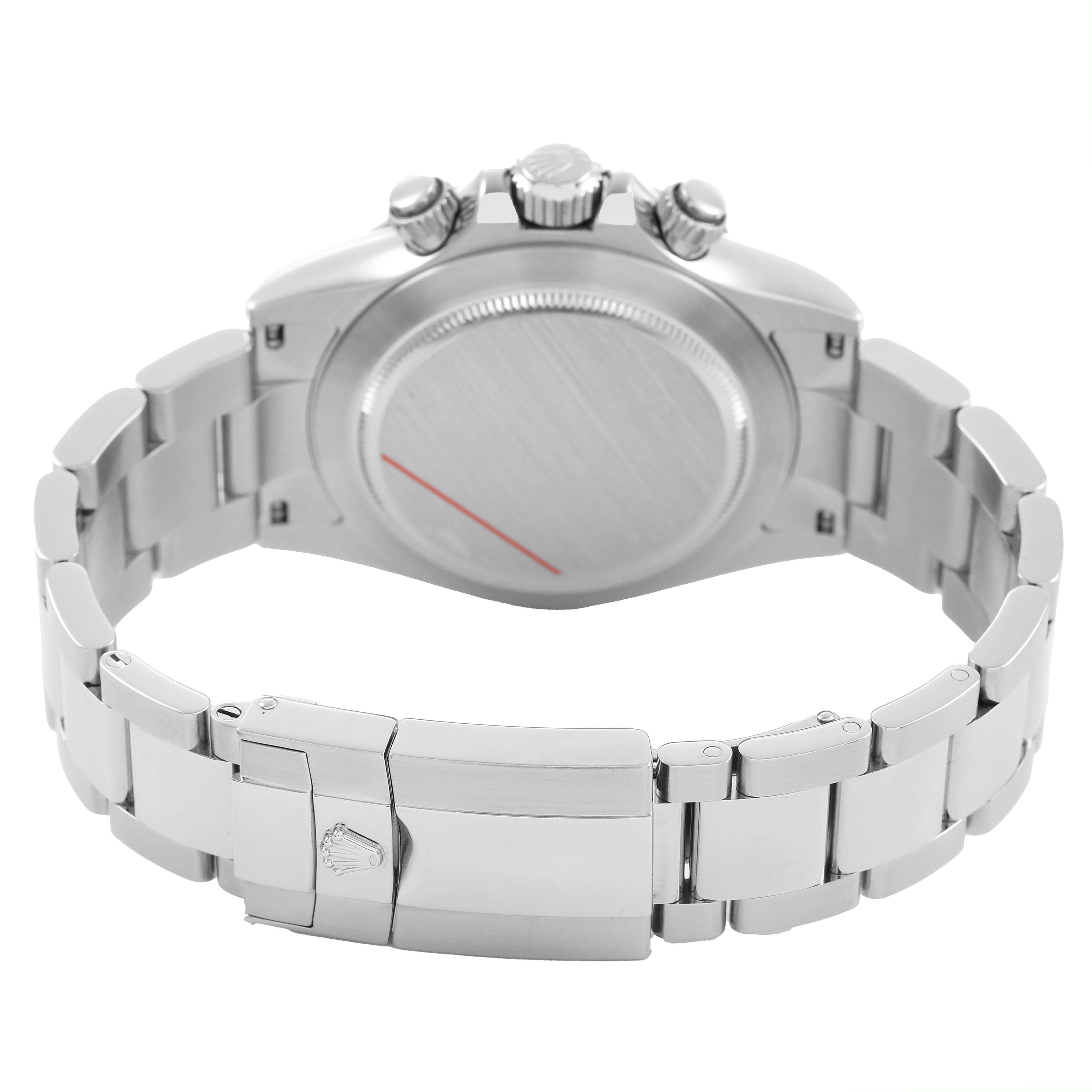 The image shows the back view of the Rolex Daytona 116520 Men's Stainless Steel White Dial, featuring the case back, clasp, and part of the bracelet.