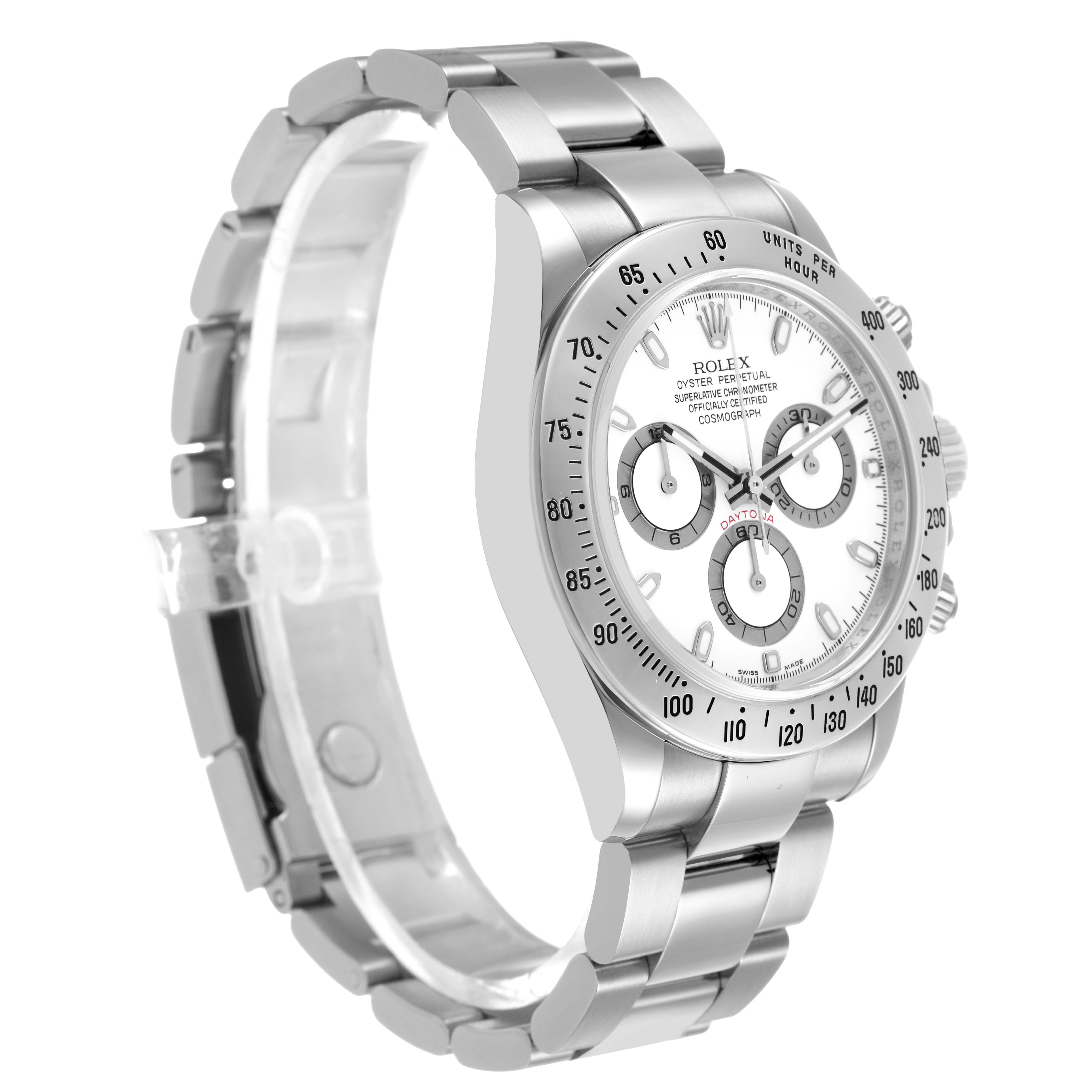 The Rolex Daytona 116520 Men's Stainless Steel White Dial watch is shown at a three-quarter angle displaying the face, bezel, and bracelet.