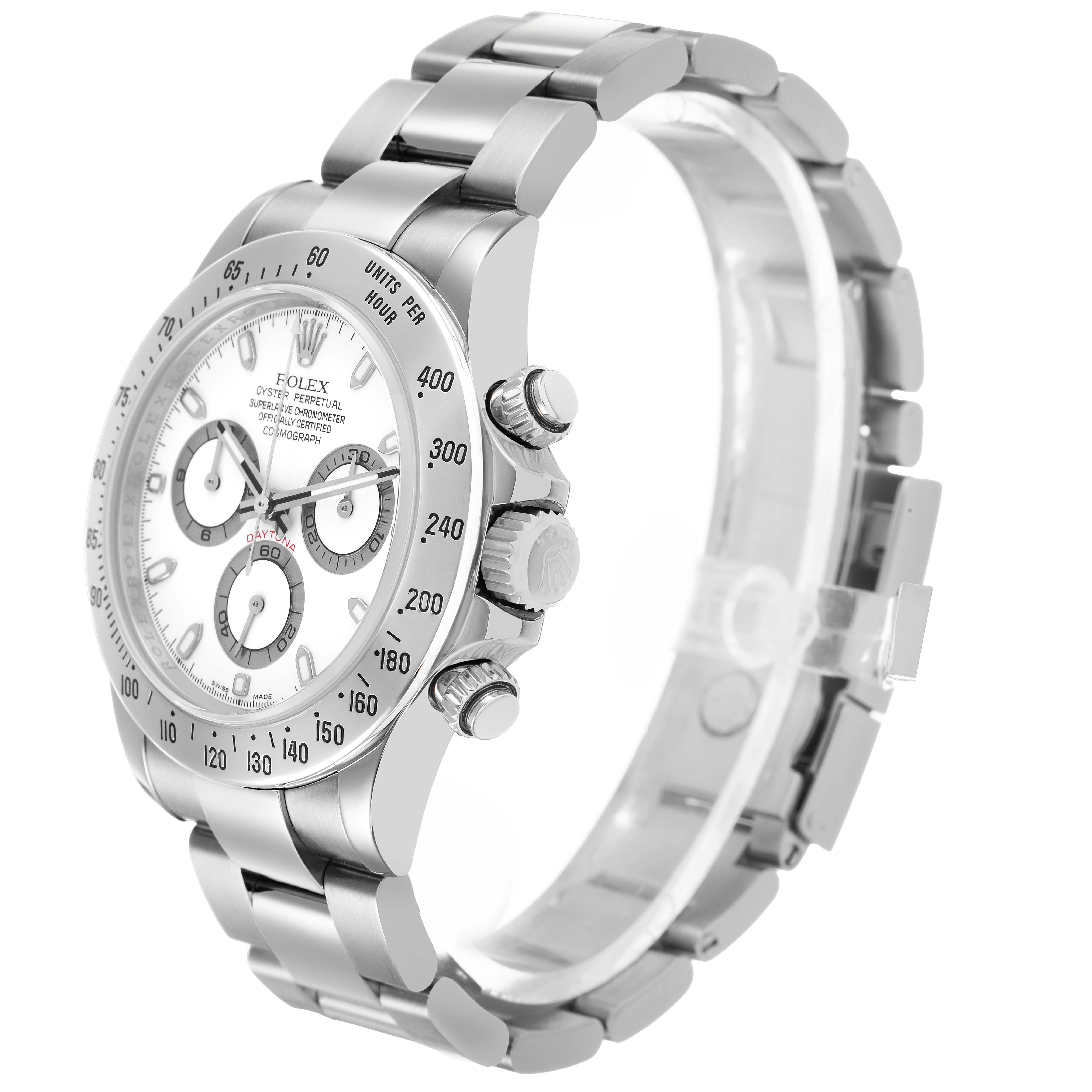 The image shows a Rolex Daytona 116520 Men's Stainless Steel White Dial watch at a three-quarter angle, displaying the dial, side buttons, and part of the bracelet.