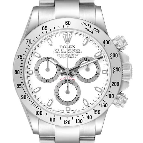 The Rolex Daytona 116520 Men's Stainless Steel White Dial watch is shown from a front angle, highlighting the dial, bezel, and chronograph pushers.