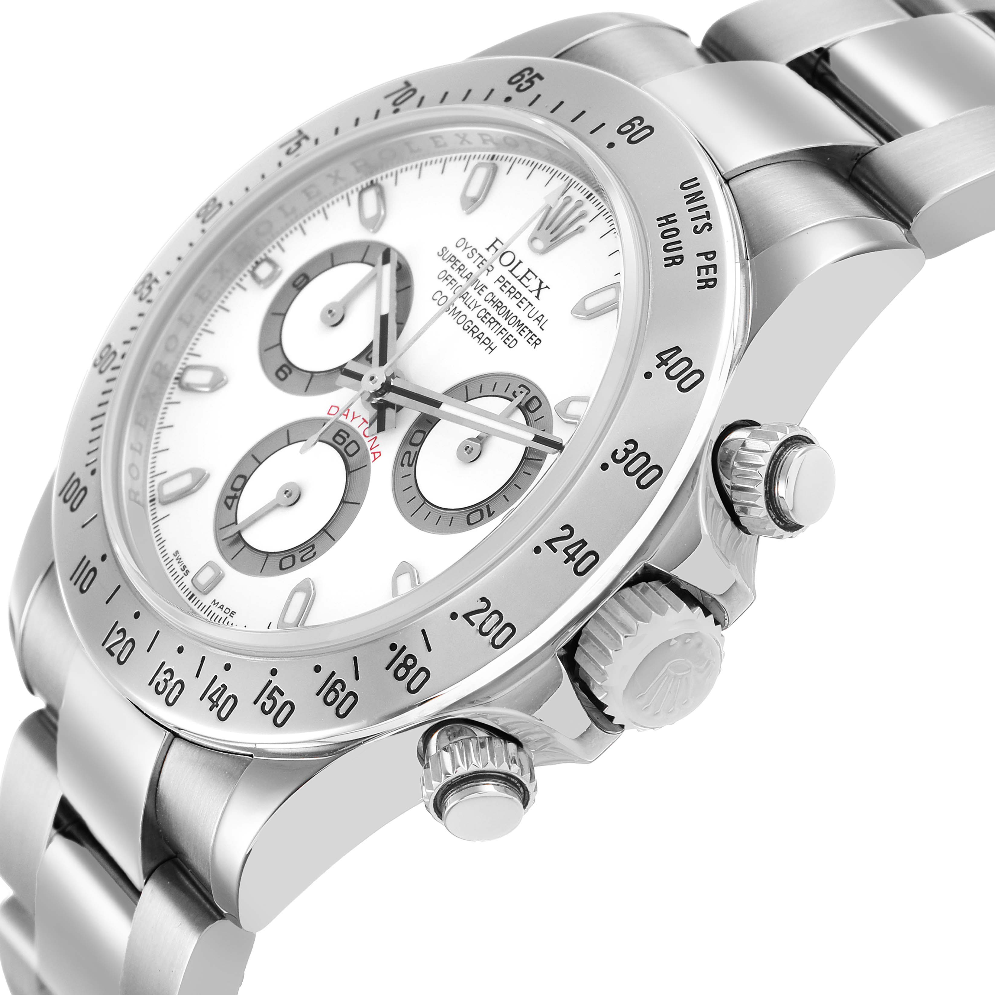 The Rolex Daytona 116520 Men's Stainless Steel White Dial is shown from an angled side view, highlighting the case, bezel, and chronograph pushers.