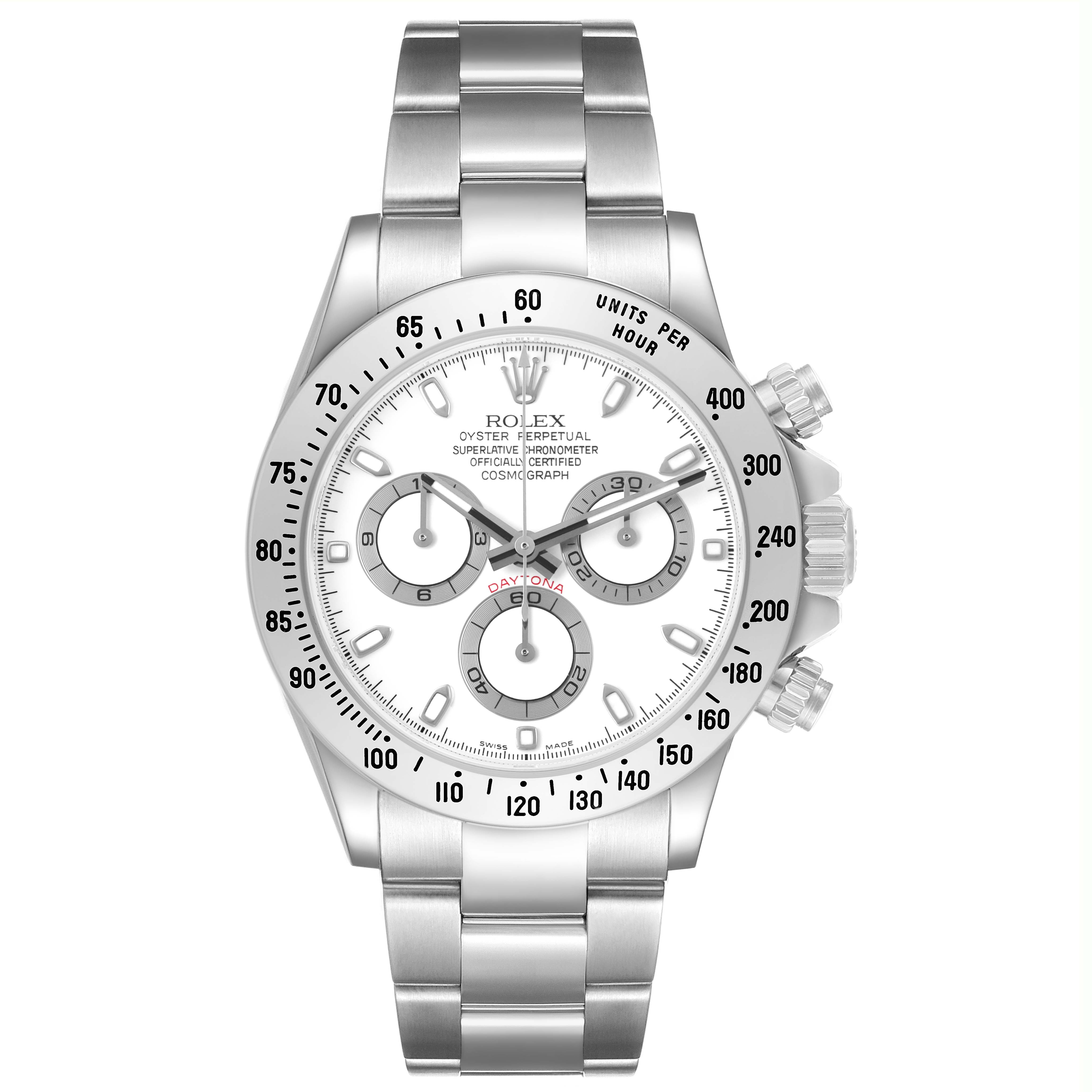 The Rolex Daytona 116520 Men's Stainless Steel White Dial watch is shown from a front angle, highlighting the dial, bezel, and bracelet.