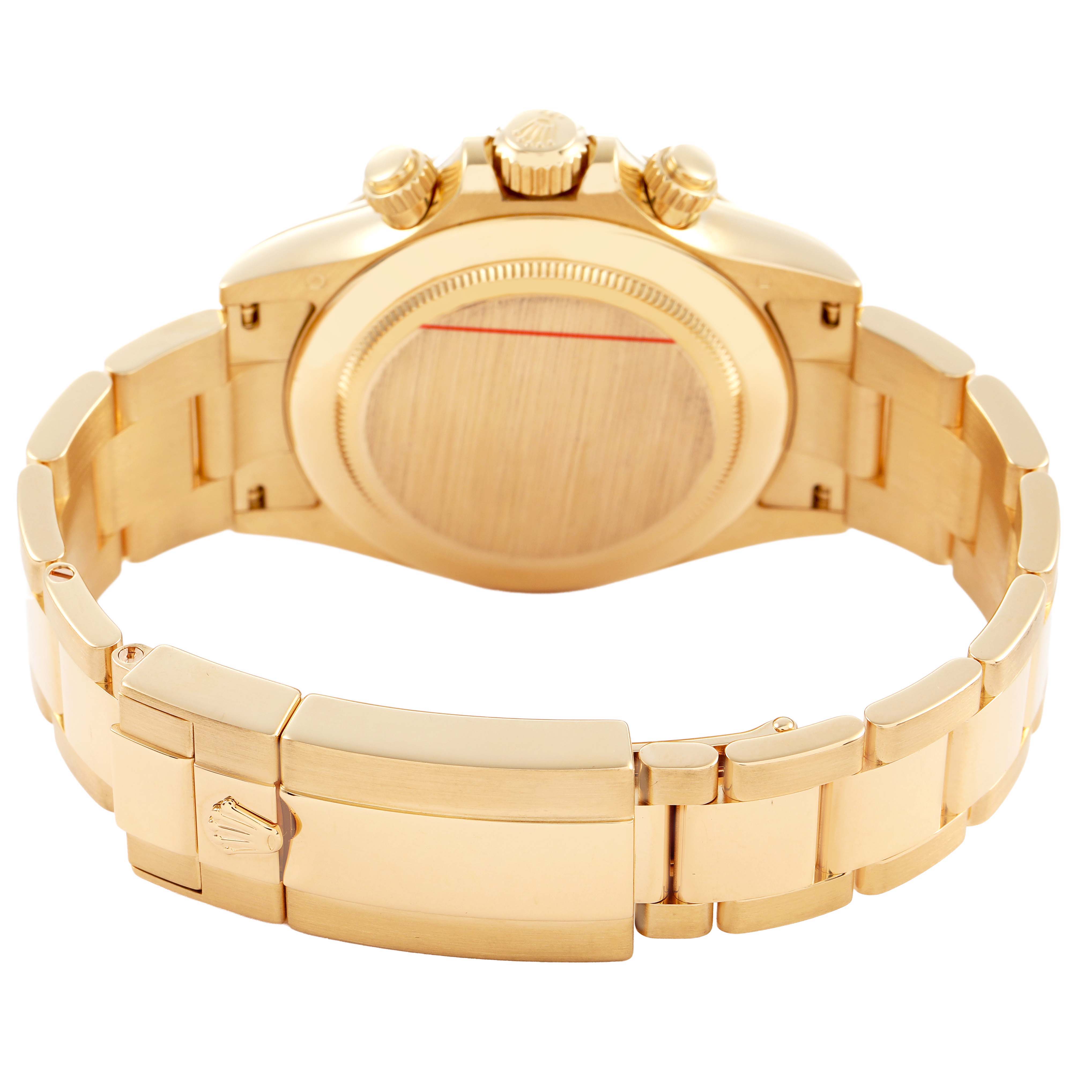 The image shows the back view of a Rolex Daytona 116508 Men's Yellow Gold Black Dial watch, highlighting the gold case, bracelet, clasp, and pushers.